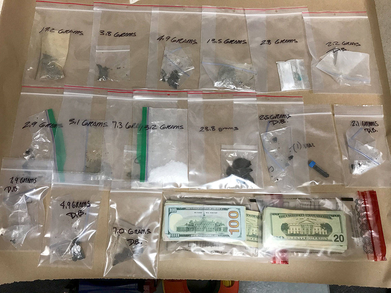 The Sheriff’s Office said that a traffic stop yielded 96.9 grams of heroin, 2.8 grams of cocaine, 15.4 grams of methamphetamine and $1,367 in cash. (Clallam County Sheriff’s Office)