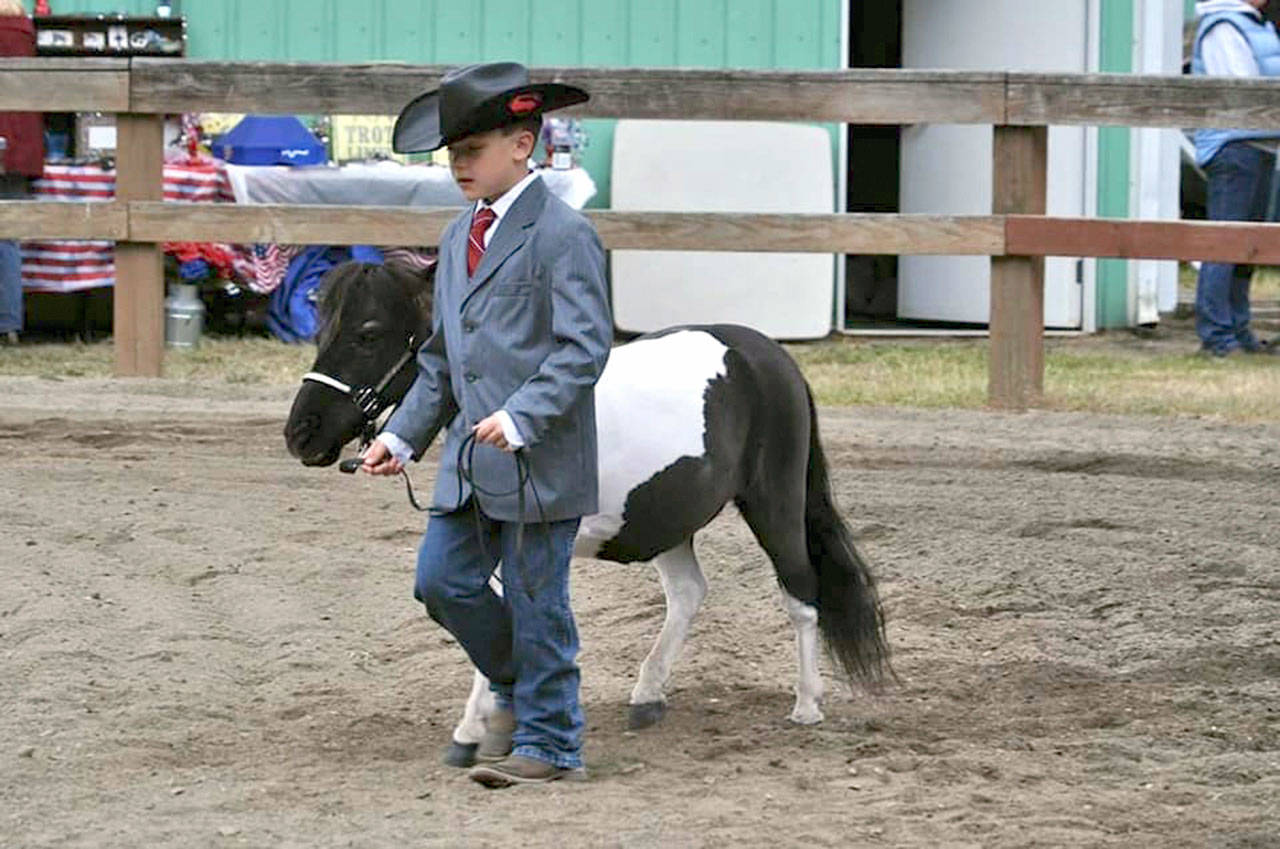 Aiden Johnstad, with Harley — owned by his grandaunt Lisa Hopper — won the Reserve High Point trophy at June’s Star Spangled Horse Show held at the Clallam County Fairgrounds. (Terri Winters)