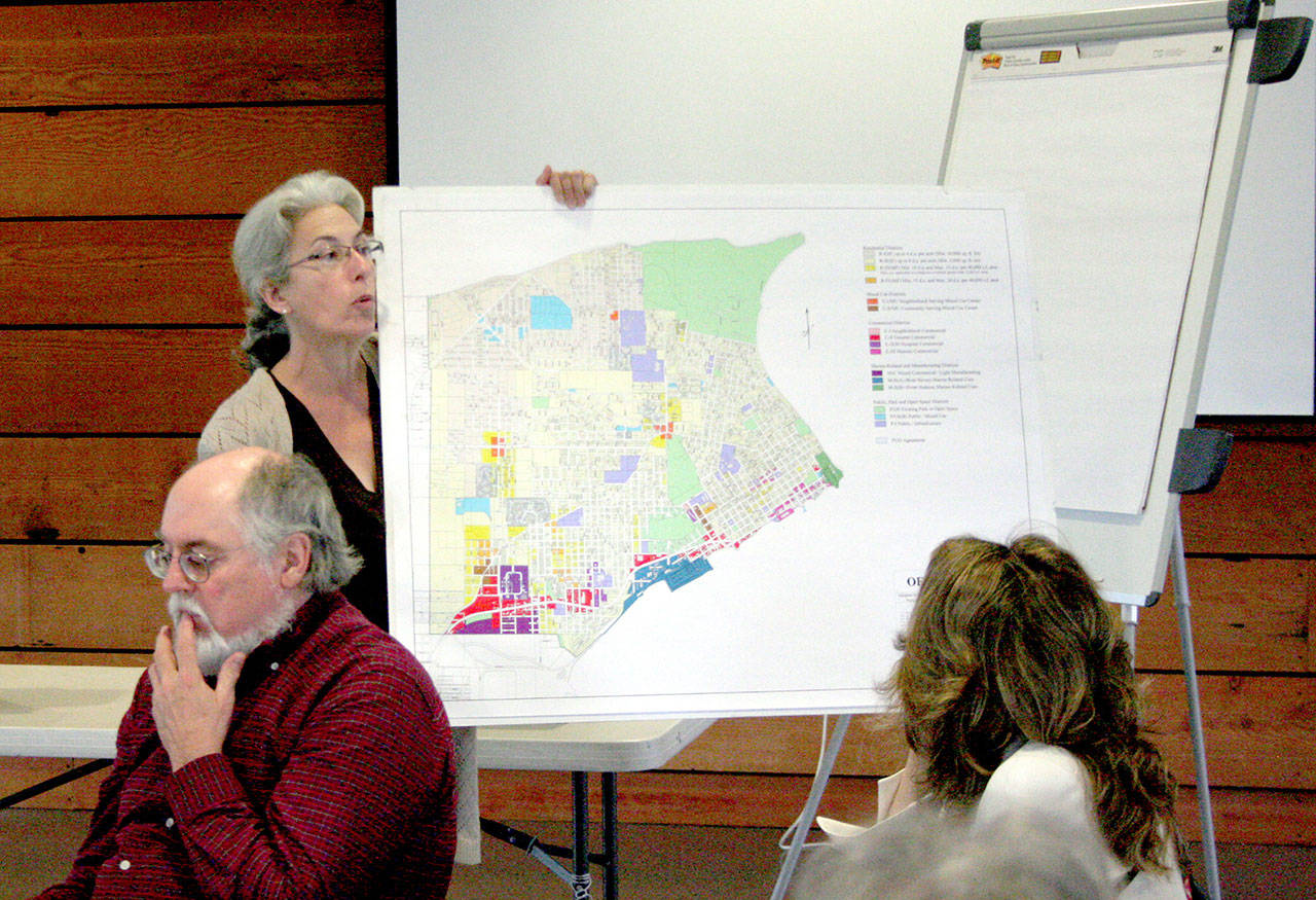 Moderator Lizanne Coker holds up a zoning map Wednesday during the Affordable Housing and Homeless Housing task force meeting at the Cotton Building in downtown Port Townsend. The group discussed areas in both the city and county where land could be developed for potential housing sites, although members indicated challenges include both infrastructure and builders’ incentives. (Brian McLean/Peninsula Daily News)