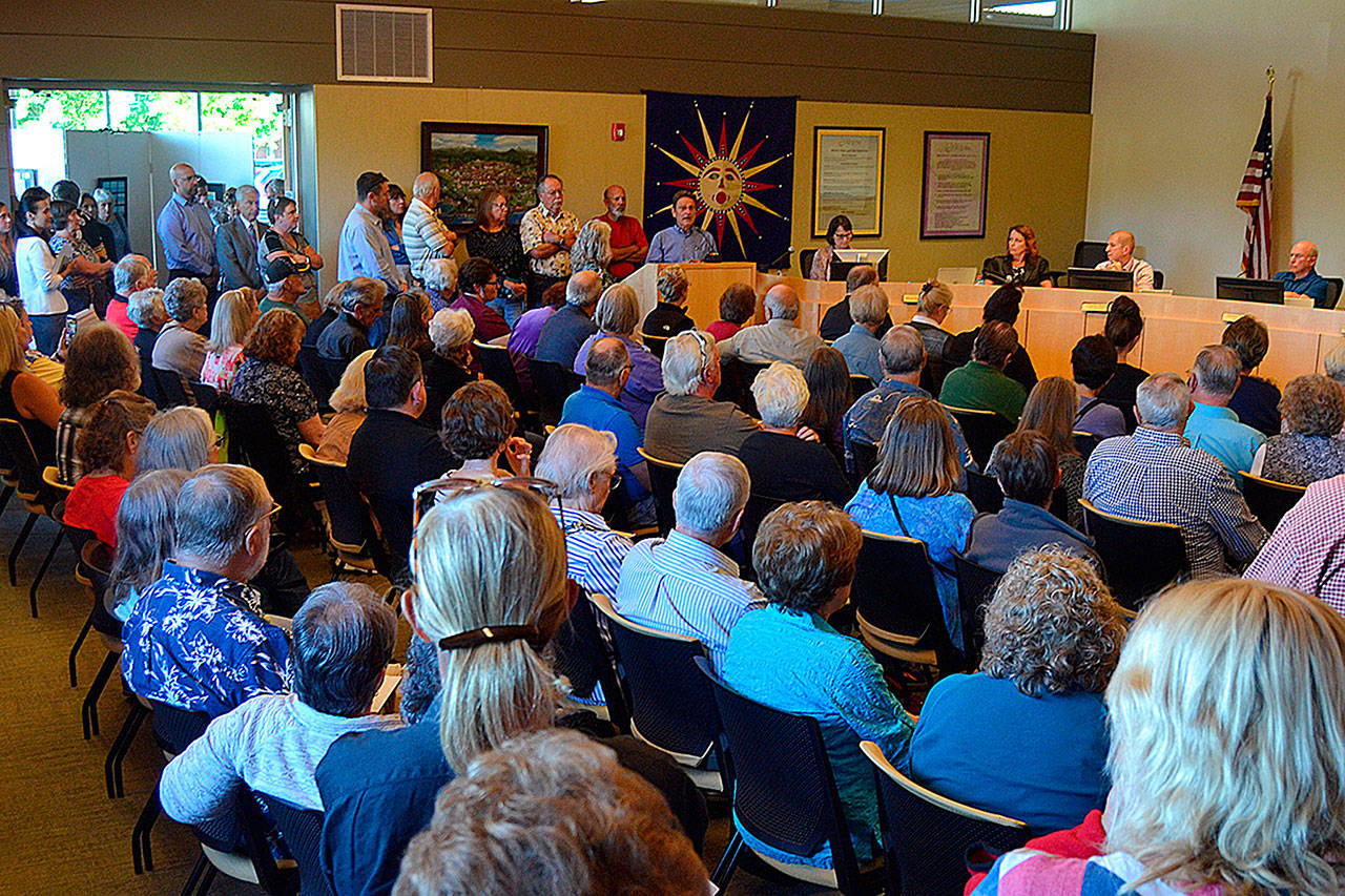 Opponents of a proposed medication-assisted treatment (MAT) facility filled Sequim city council’s meeting on July 8. Leaders with the Jamestown S’Klallam Tribe plan to host a forum about the facility to answer questions and dispel rumors on Aug. 8 in Blyn. Matthew Nash/Olympic Peninsula News Group