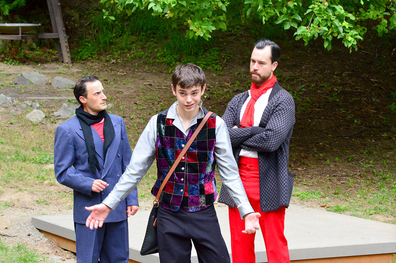 “The Taming of the Shrew” features, from left, Josh Sutcliffe, Riley Baermann and Randy Powell as Shakespearean suitors and servants. (Diane Urbani de la Paz/for Peninsula Daily News)