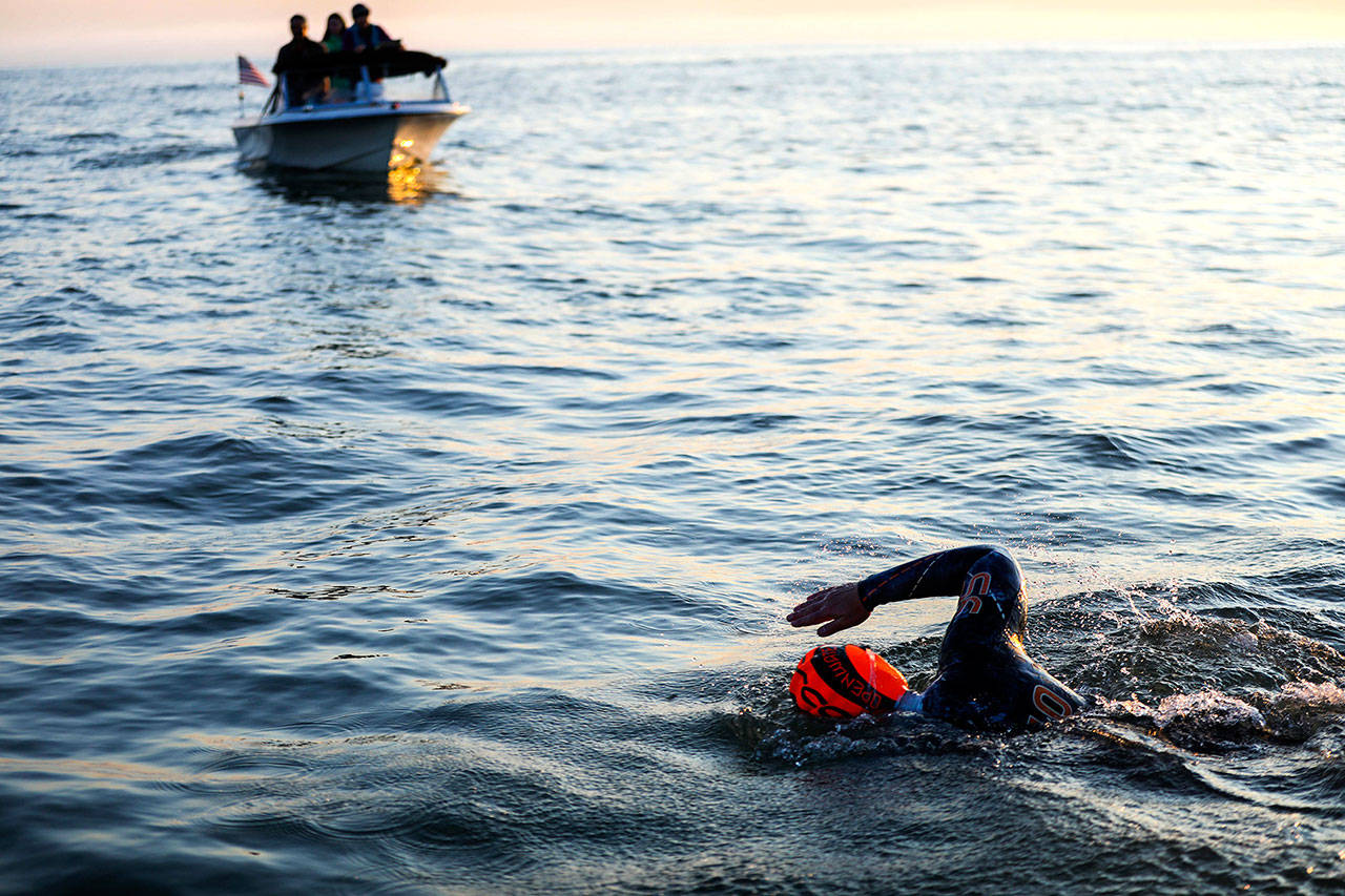 Rob DeCou swims Saturday during his attempt to cross the Strait of Juan de Fuca. (Luke Rafferty)