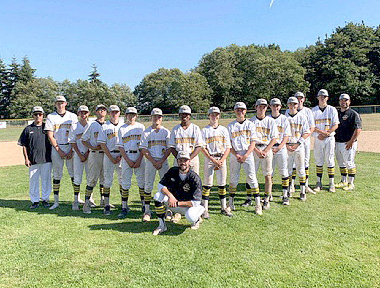 The Olympic Crosscutters qualified for the American Legion state A tournament this weekend with a weekend sweep over Stanwood. From left, assistant coach Anthony Koeninger, John Vaara, Trenton Indelicato, Colton Reed, Elijah Flodstrom, Parker Nickerson, Dalton Kilmer, assistant coach Nick Johnston, Elisha Dujue, Zane Glassock, Kole Acker, Hunter Robinson, Kellen Garcelon, Tanner Woodley, Nathan Seelye, Logan Urvina and head coach John Qualls.