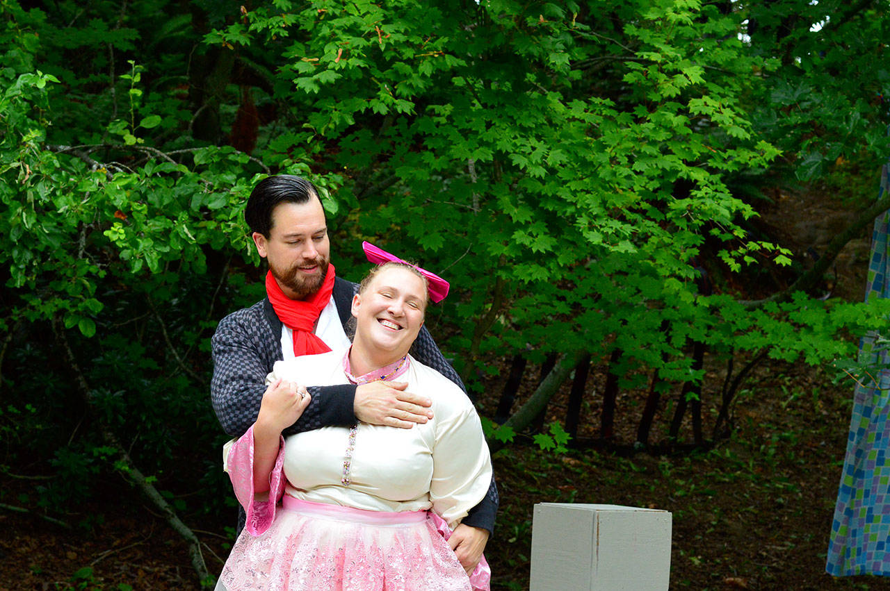 Kate (Jennifer Horton) and Petruchio (Randy Powell) get along for a moment in “The Taming of the Shrew,” now playing in the Webster’s Woods meadow at the Port Angeles Fine Arts Center. (Diane Urbani de la Paz/for Peninsula Daily News)