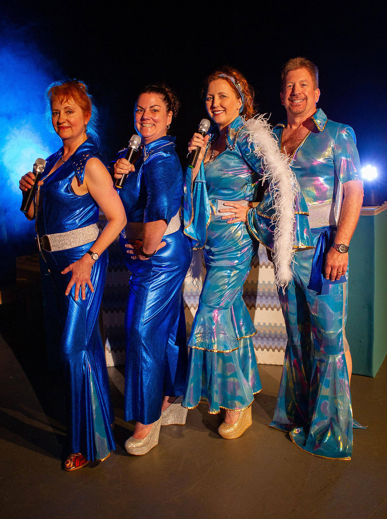 ABBA’s hit music comes to life for three weeks in “Mamma Mia!” starring, from left, Angela Poynter (as Tanya), Jennifer Saul (Rosie), Cecie McClelland (Donna), and John Lorentzen (Sam). (Bob Spink)
