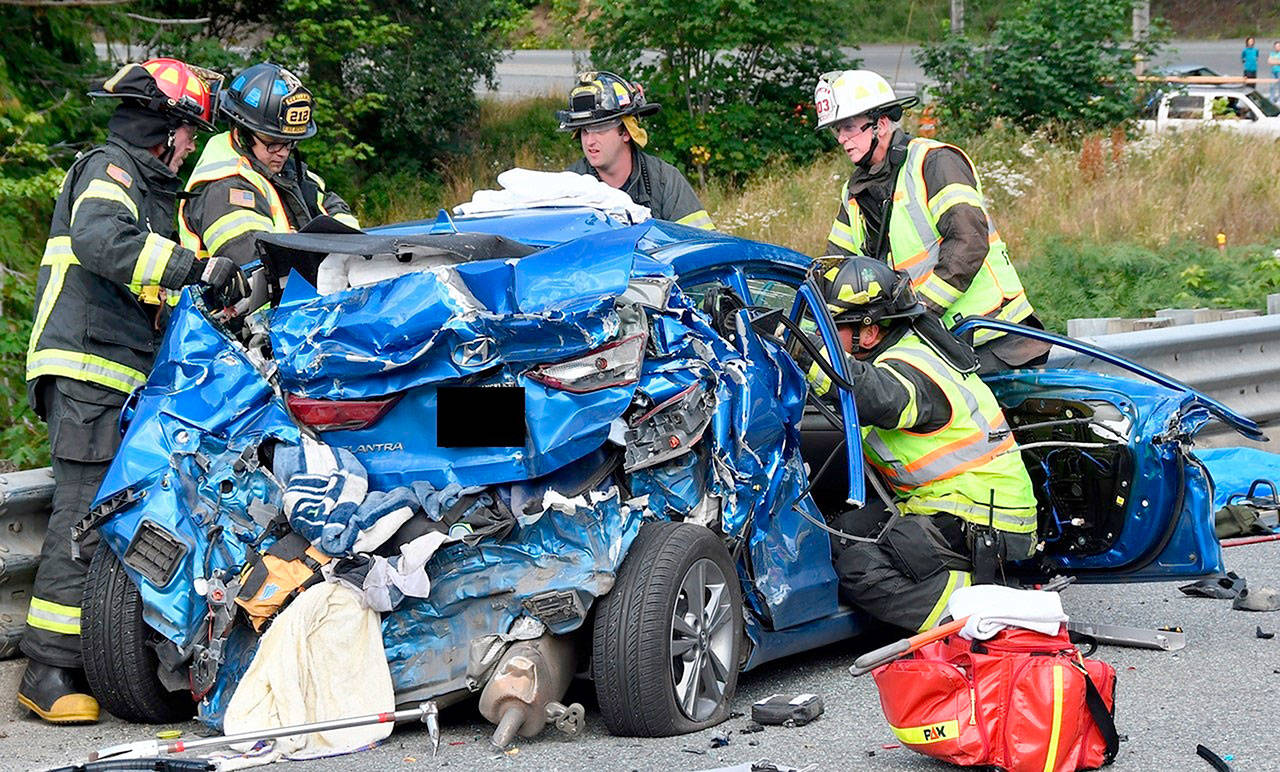 A six-vehicle collision blocked traffic at the Elwha River bridge on U.S. Highway 101 on Wednesday. (Clallam 2 Fire-Rescue)