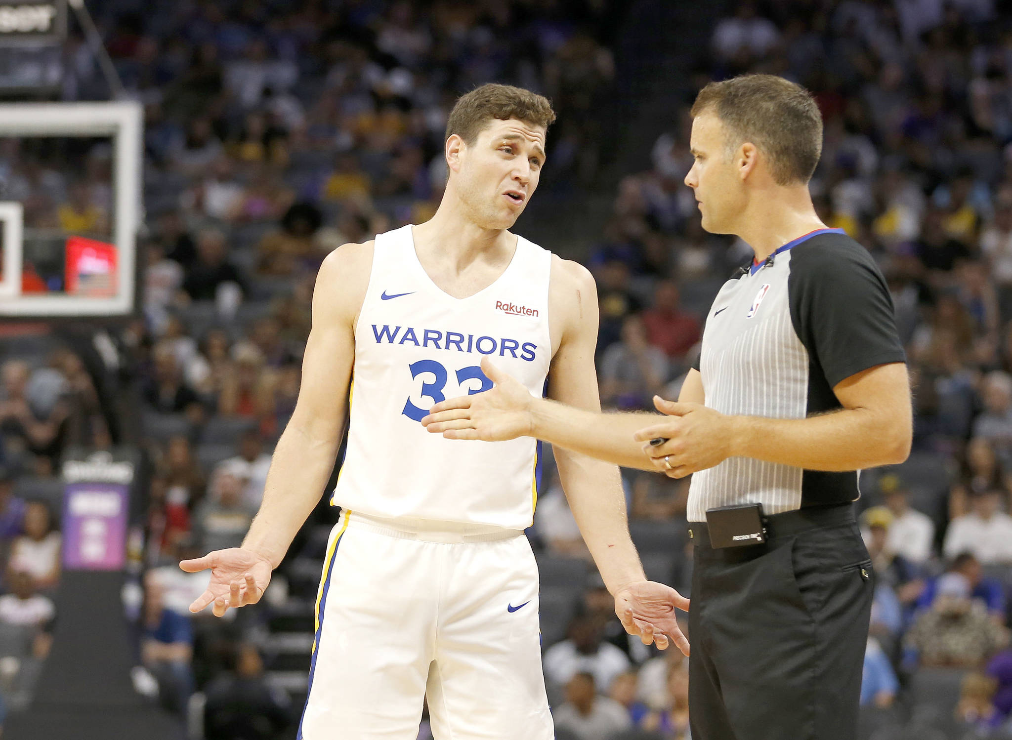The Associated Press                                Golden State’s Jimmer Fredette questions referee Mark Lindsay during an NBA summer league game. The NBA summer league tested out two new instant replay rules that will be adopted by the league during the 2019-20 regular season.