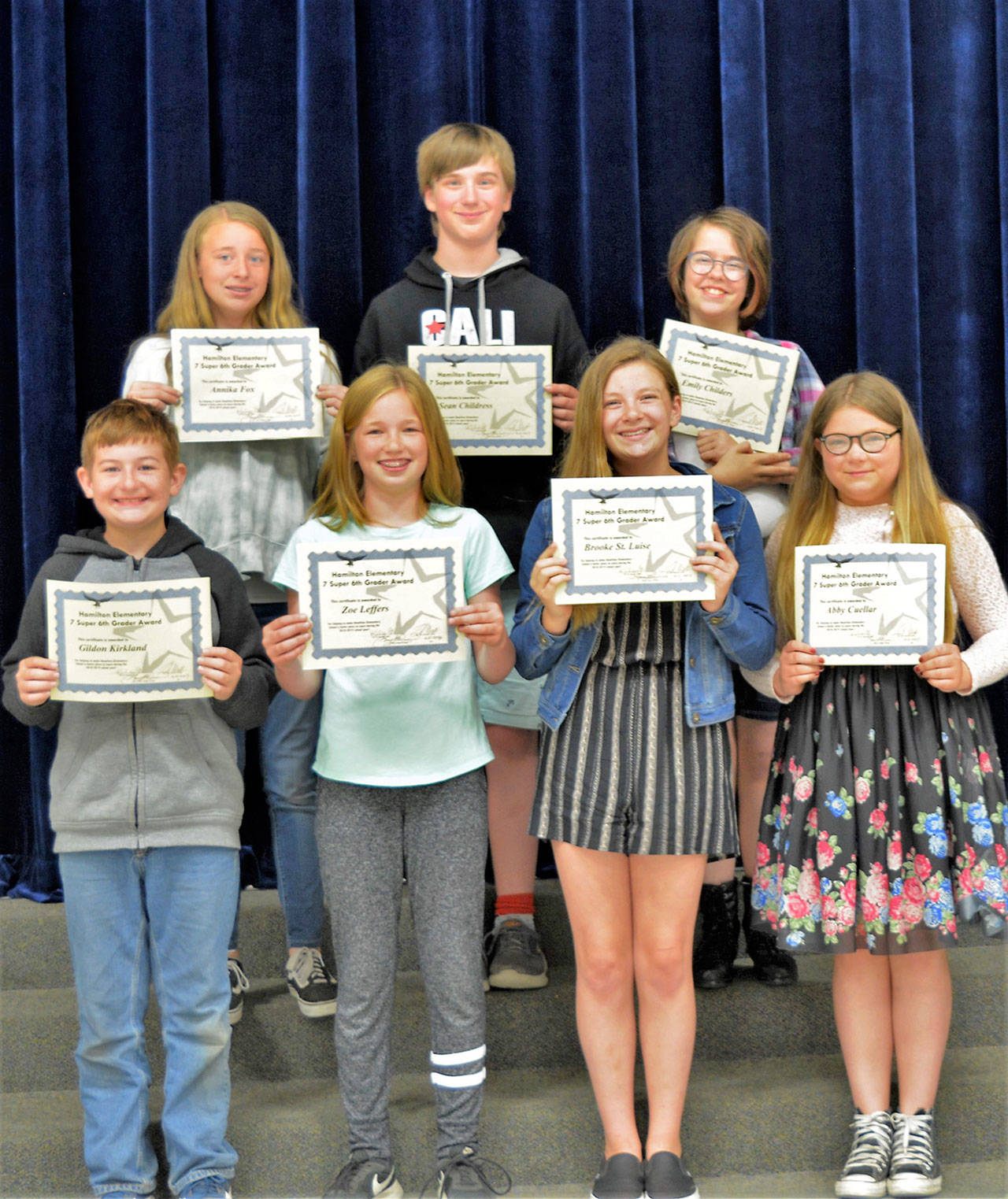 The Seven Super Sixth Graders are, front row, from left, Gildon Kirkland, Zoe Leffers, Brooke St. Luise and Abbigail Cuellar; and back row, from left, Annika Fox, Sean Childress and Emily Childers. (Gary Pringle/Port Angeles School District)