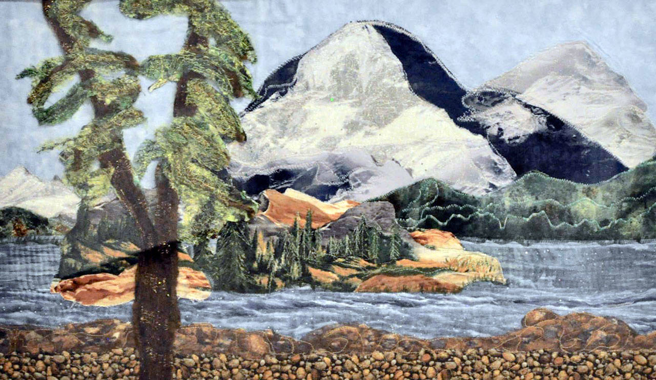 “Mountains Calling” by Donna Dowdney of Bainbridge Island is part of the Surface Design Association exhibit at Mead Werks at Wilderbee Farm in Port Townsend.