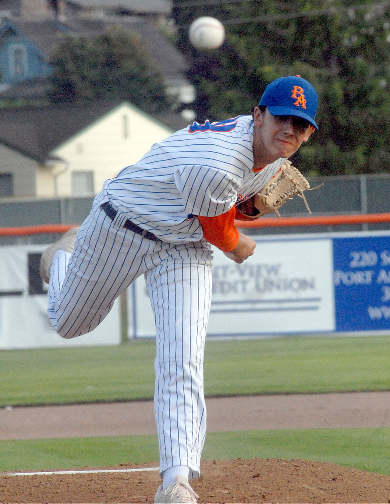 Keith Thorpe/Peninsula Daily News Lefties pitcher Jack Schlotman throws in the first inning of Friday night’s game against Portland at Port Angeles Civic Field.