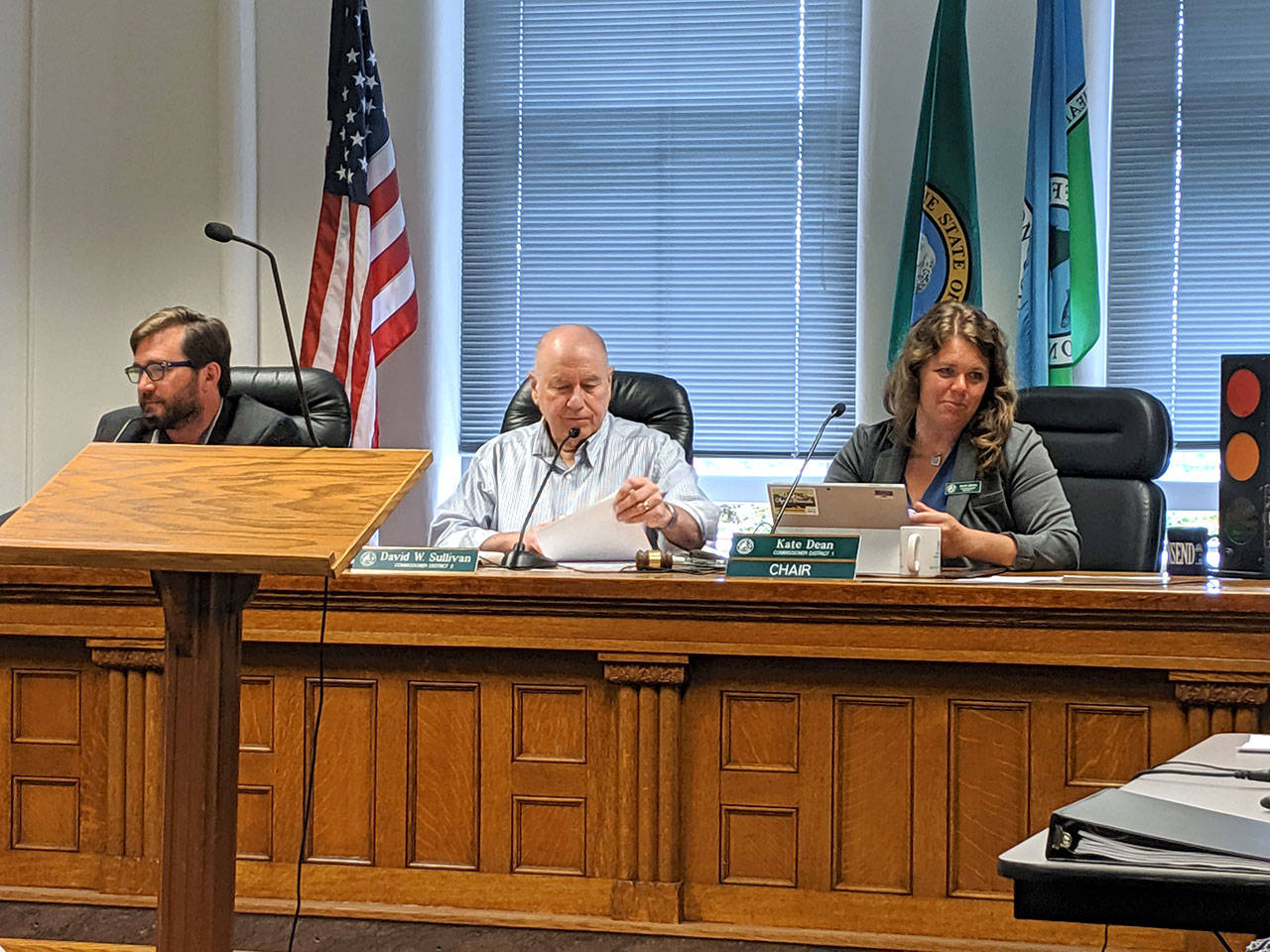 Jefferson County Commissioners Greg Brotherton, David Sullivan and Kate Dean at their Monday meeting, where they approved the spending of up to $281,060 for a software consultant. (Zach Jablonski/Peninsula Daily News)