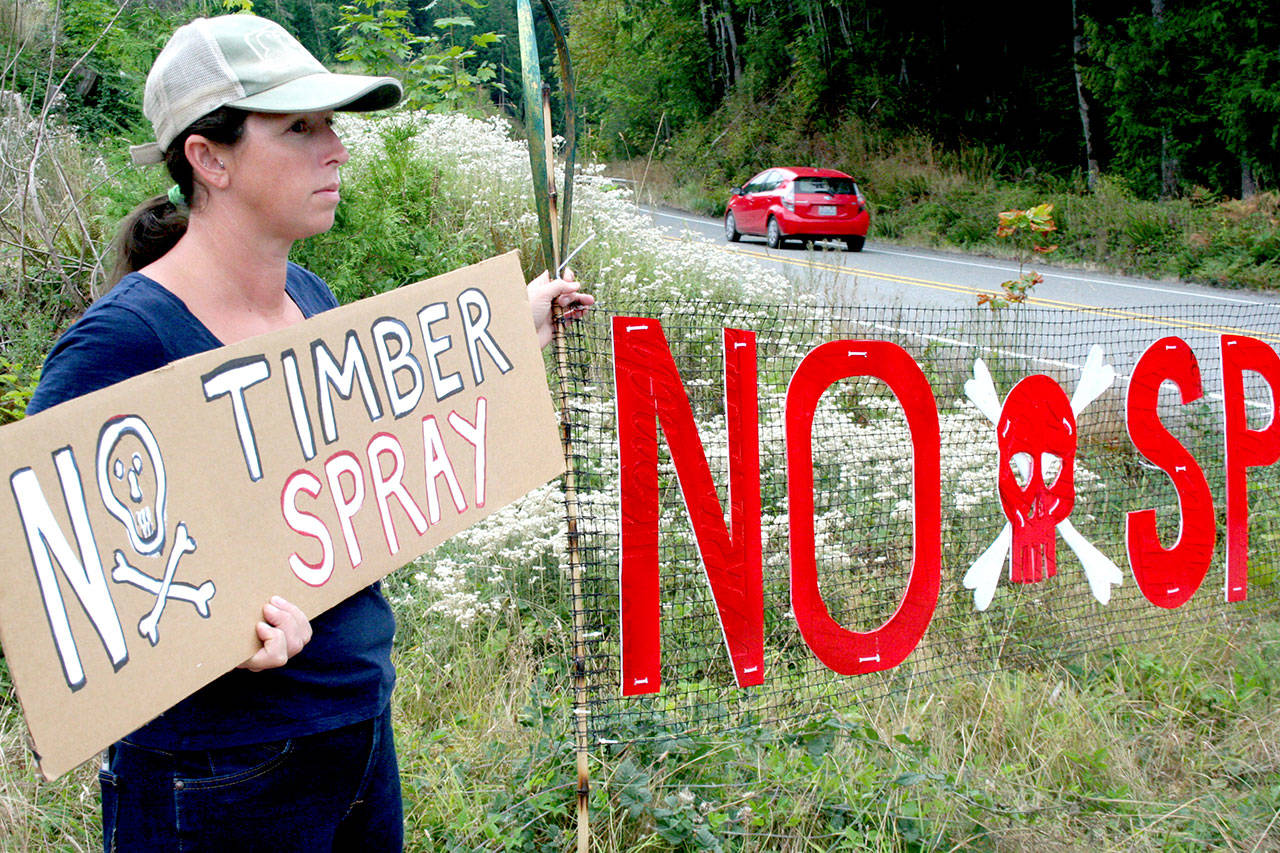Lissy Andrews of Port Townsend holds a protest sign just off state Highway 20 south of Anderson Lake Road. (Brian McLean/Peninsula Daily News)