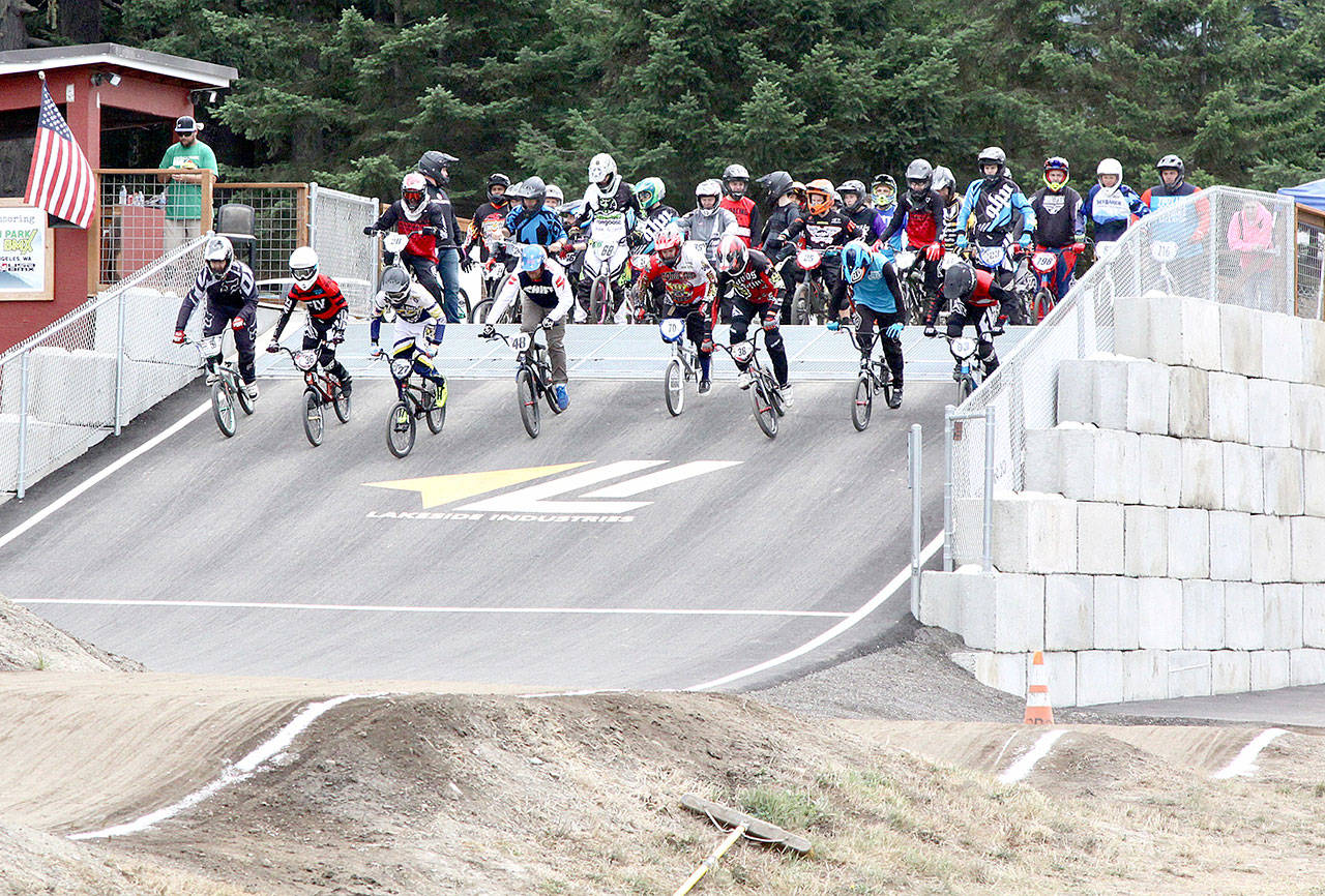 Racers at the Washington State BMX Finals take off in September 2018 at the Lincoln Park BMX Track. The state finals, which attracted more than 700 riders last year, are returning to Port Angeles this weekend. (Dave Logan/for Peninsula Daily News)