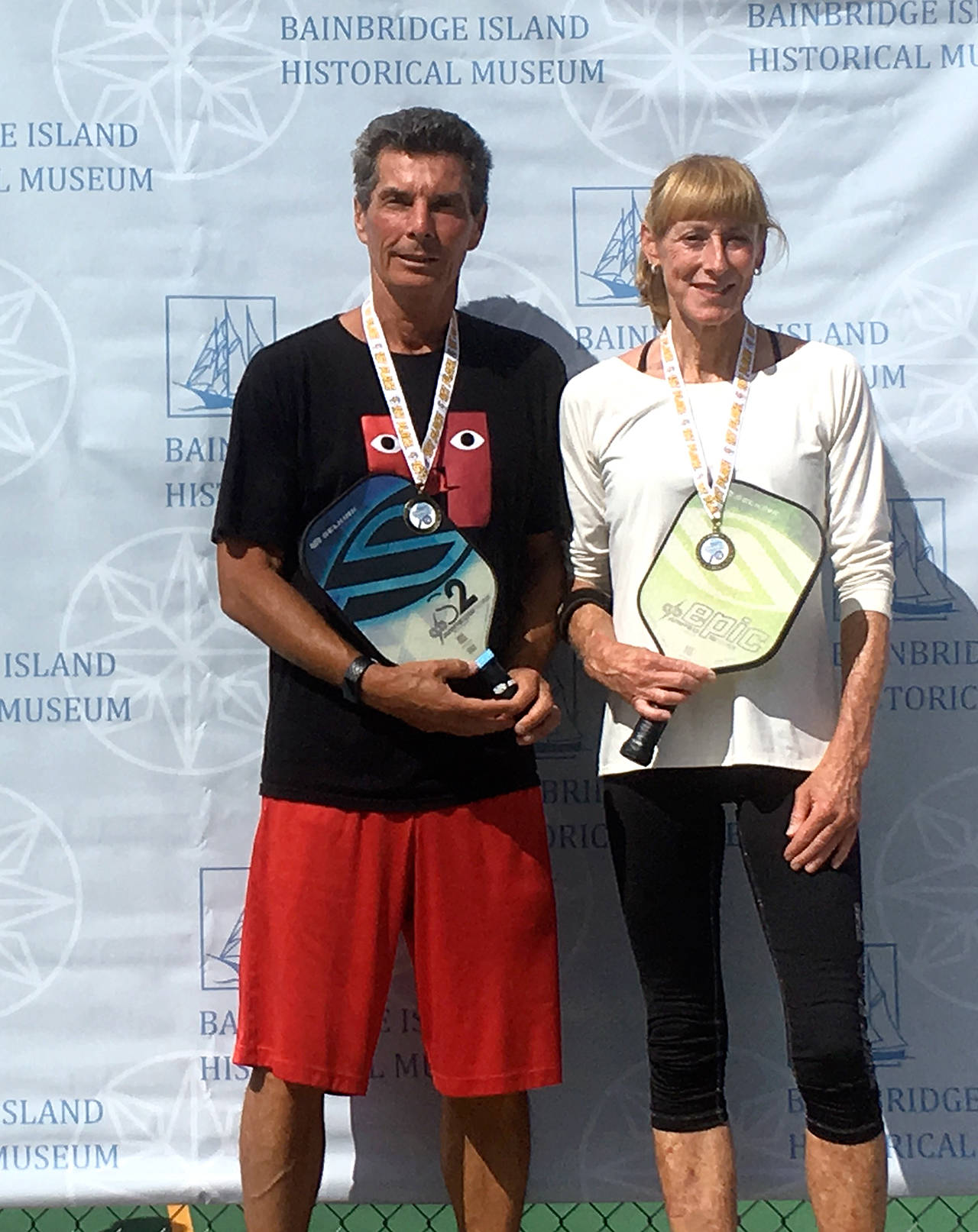 Port Angeles pickleball players Richard Reed, left, and Colleen Alger teamed to win the Age 50-plus Mixed Doubles 3.5 skill level title at the Bainbridge Island FoundersTournament.