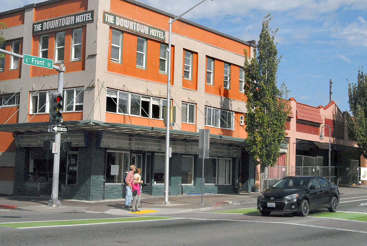 Traffic in parts of downtown Port Angeles, including Front and Laurel streets and Railroad Avenue, will be restricted for demolition of existing buildings this fall to make way for construction of a hotel being built by the Lower Elwha Klallam Tribe. (Keith Thorpe/Peninsula Daily News)