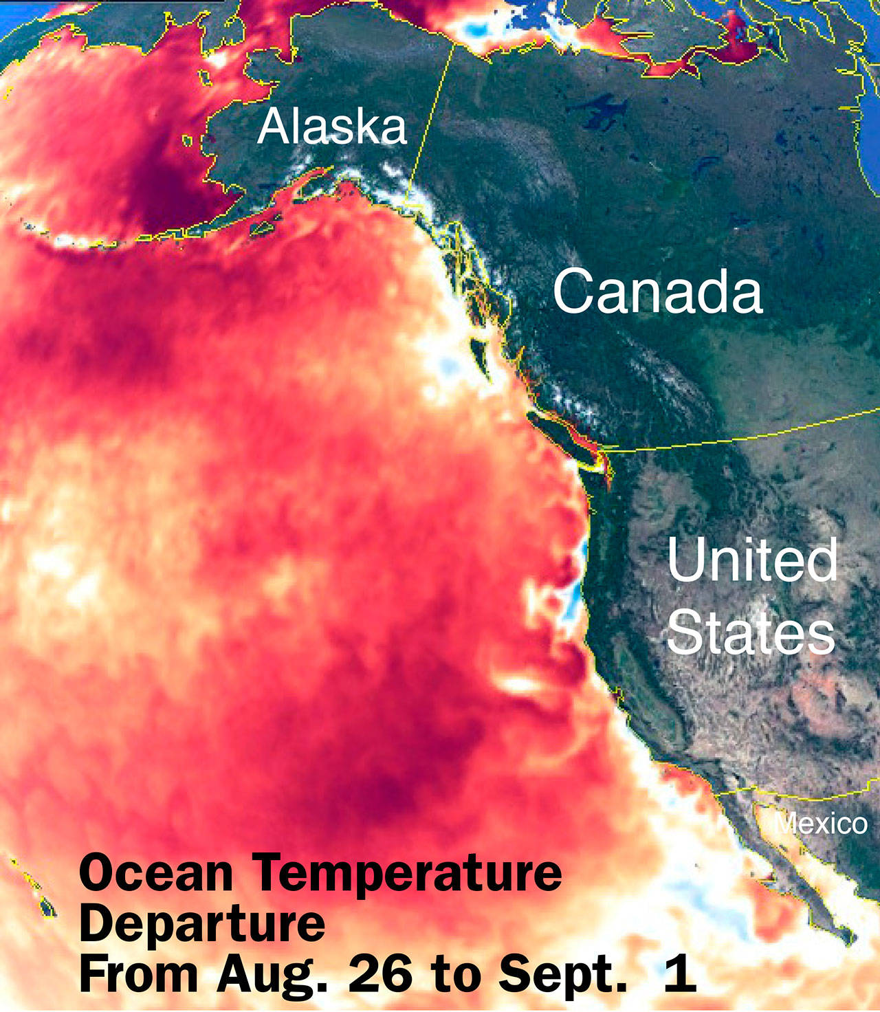 Temperature data from the National Ocean and Atmospheric Administration shows the greatest change in orange and red. (Keith Thorpe/Peninsula Daily News)