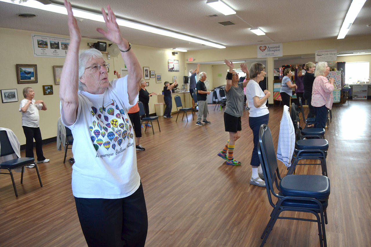 Nancy Martin participates in the Shipley Center’s balance exercise class. When asked if the class has benefited her after three years, she said, “Oh, gosh yes! I don’t wobble as much.” Various classes like the balance exercise class will demonstrate their activities at an open house. (Matthew Nash/Olympic Peninsula News Group)