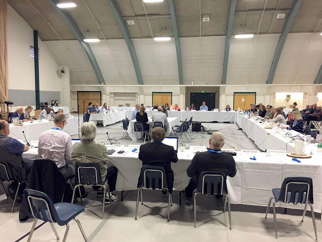 Members of Gov. Jay Inslee’s Southern Resident Killer Whale Task Force meet at the Vern Burton Community Center in Port Angeles on Monday. (Rob Ollikainen/Peninsula Daily News)