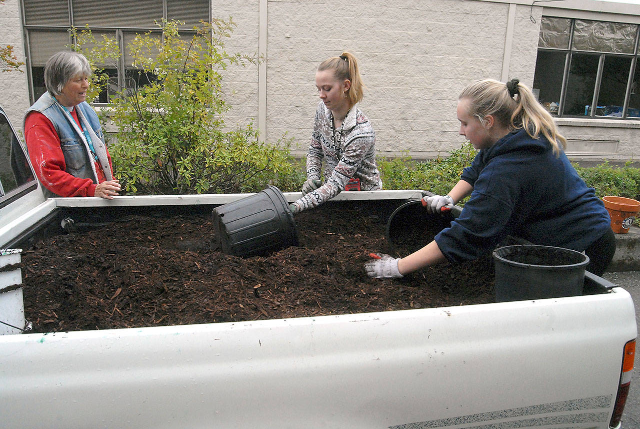 Norma Turner, who helped organize the campus cleanup at Port Angeles High School, talks with student volunteers Spenser Lewis, center, and Maizie Tucker, both juniors, as they fill buckets with mulch. (Keith Thorpe/Peninsula Daily News)