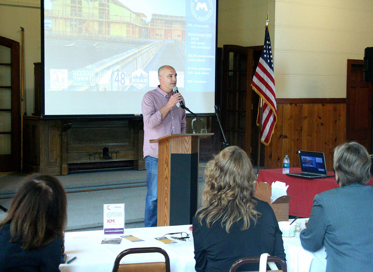 Jake Beattie, executive director of the Northwest Maritime Center, updated the Chamber of Jefferson County during a luncheon Monday at the chapel at Fort Worden in Port Townsend. (Brian McLean/Peninsula Daily News)
