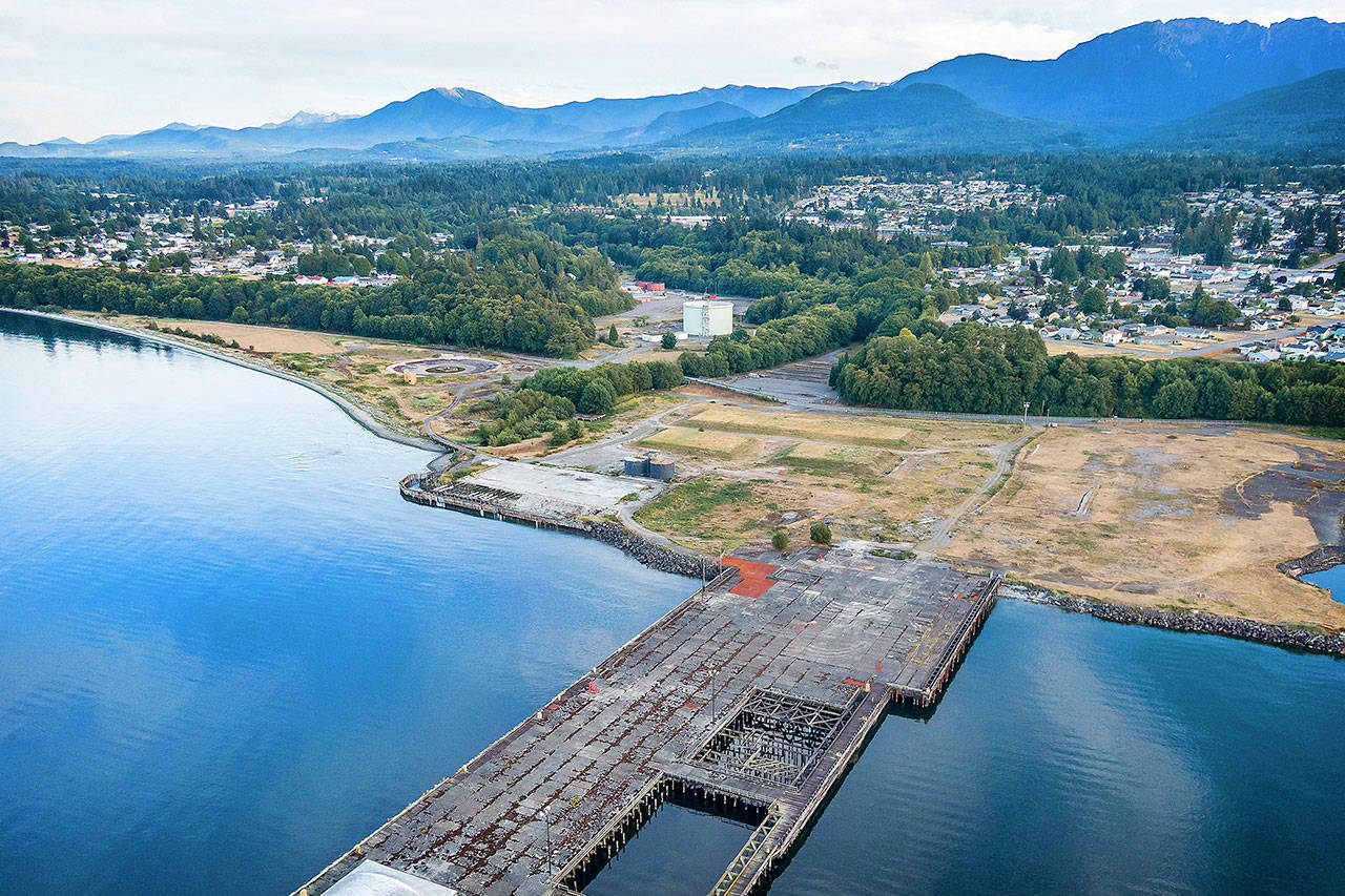 The dock and shoreline area of the former Rayonier Mill site is shown in Port Angeles in August. (Dave Pitman/Olympic Aerial Solutions)