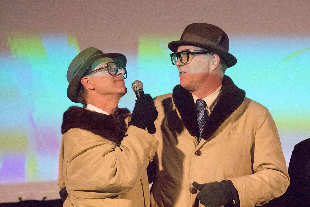 Joey Pipia, left, and Joseph Bednarik were rivals in the Port Townsend Film Festival’s Ned Ryerson look-alike contest Saturday. Bednarik, co-publisher at Copper Canyon Press, emerged the victor. (Elizabeth Becker)
