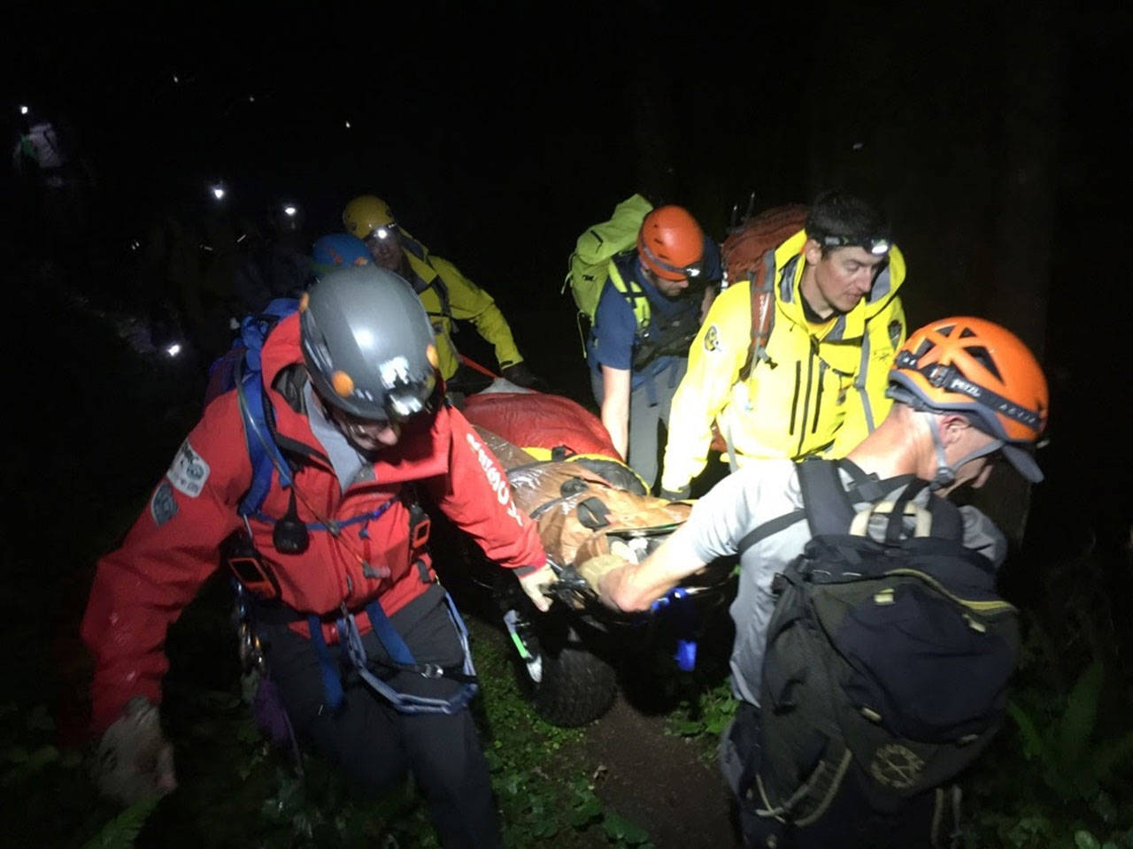 The Clallam County Search and Rescue Team along with Olympic Mountain Rescue extricated Robert Sawyer of Neah Bay, 40, from a ravine about 4.5 miles up the Little River Trail south of Port Angeles on Friday night. (Clallam County Sheriff Search and Rescue Team)