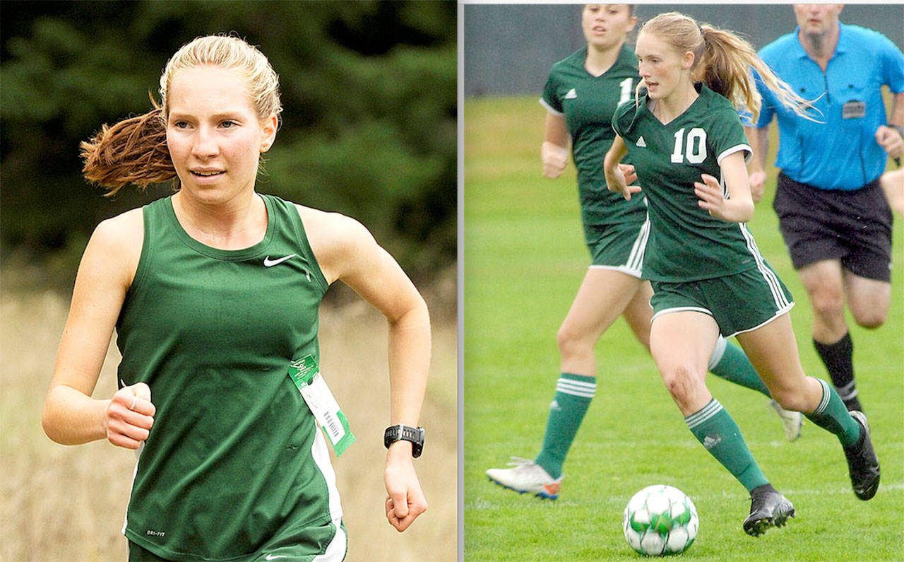 Port Angeles cross-country runner Lauren Larson, left and Roughriders’ soccer forward Millie Long, right.