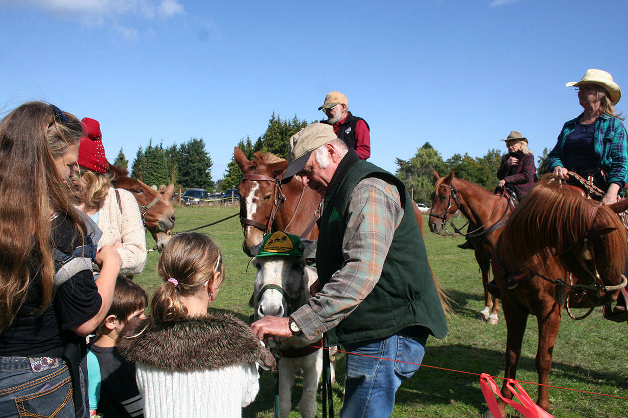 Raising youth’s consciousness of the need to care for our environment — and of how vital it is to not litter — is why volunteers from Back Country Horsemen of Washington’s Peninsula Chapter offer an informational booth, along with horses, pack mules and its ambassador at the annual Dungeness River Festival in Sequim. Here, Tony Sample helps youths give apple slices to Murphy the Donkey, as Del Sage, Judy Dupree and Kat Sample look on. (Karen Griffiths/for Peninsula Daily News)