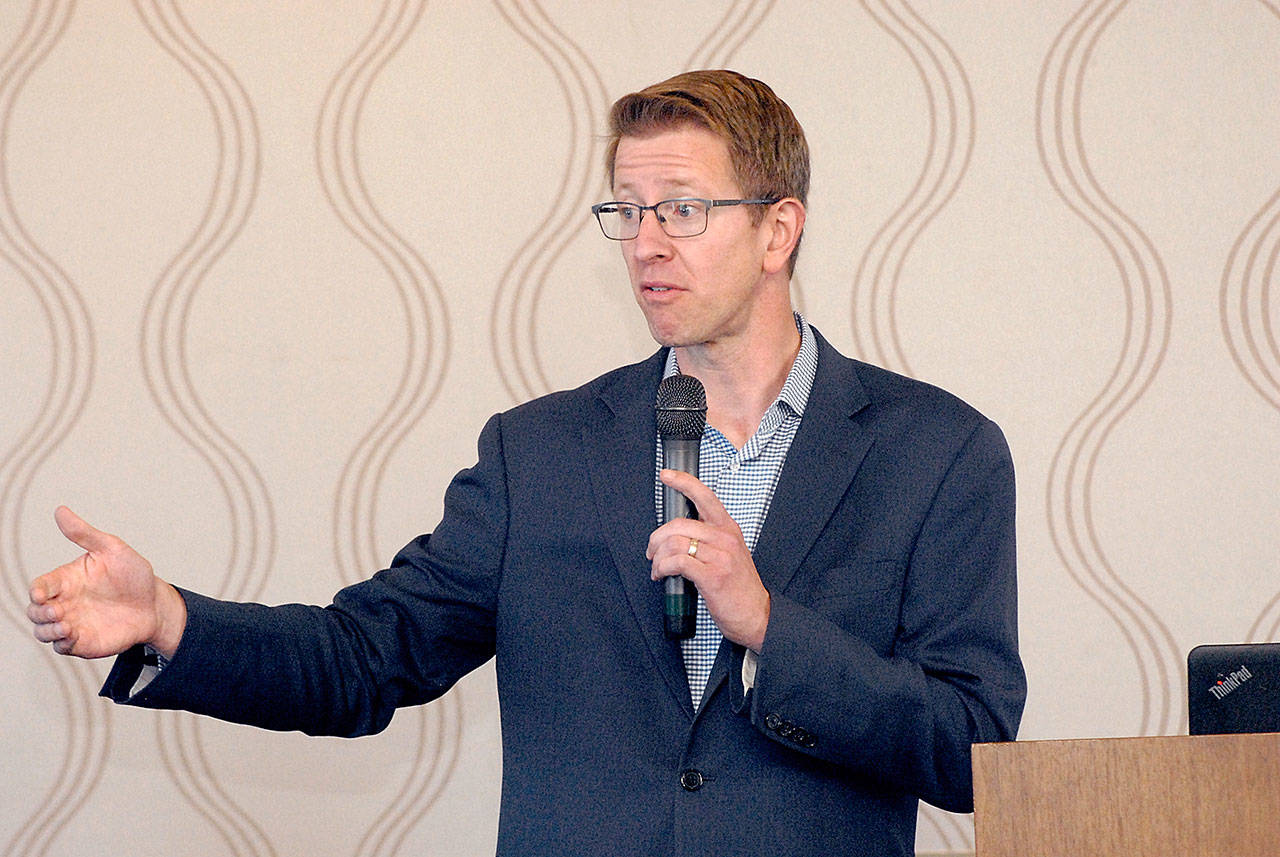 U.S. Rep. Derek Kilmer speaks at Wednesday’s Port Angeles Regional Chamber of Commerce luncheon at the Red Lion Hotel in Port Angeles. (Keith Thorpe/Peninsula Daily News)