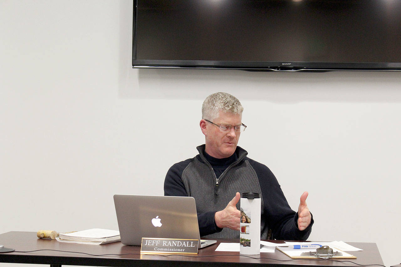 Jefferson County Public Utility District Board of Commissioners Chair Jeff Randall discusses the 2020 budget during a special meeting held Monday night. (Zach Jablonski/Peninsula Daily News)
