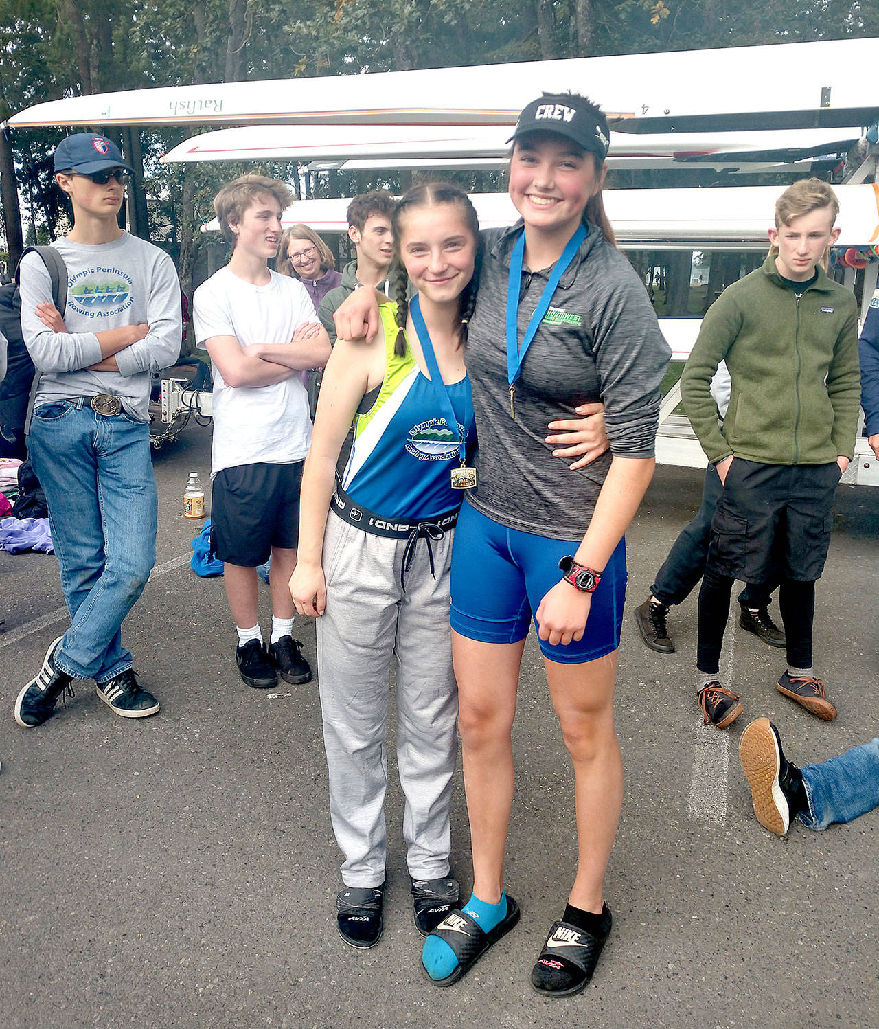 The Olympic Peninsula Rowing Association’s Ella Schulz (left) and Angelica Kennedy won the women’s junior doubles at the American Lake Fall Classic held in Lakewood this weekend.
