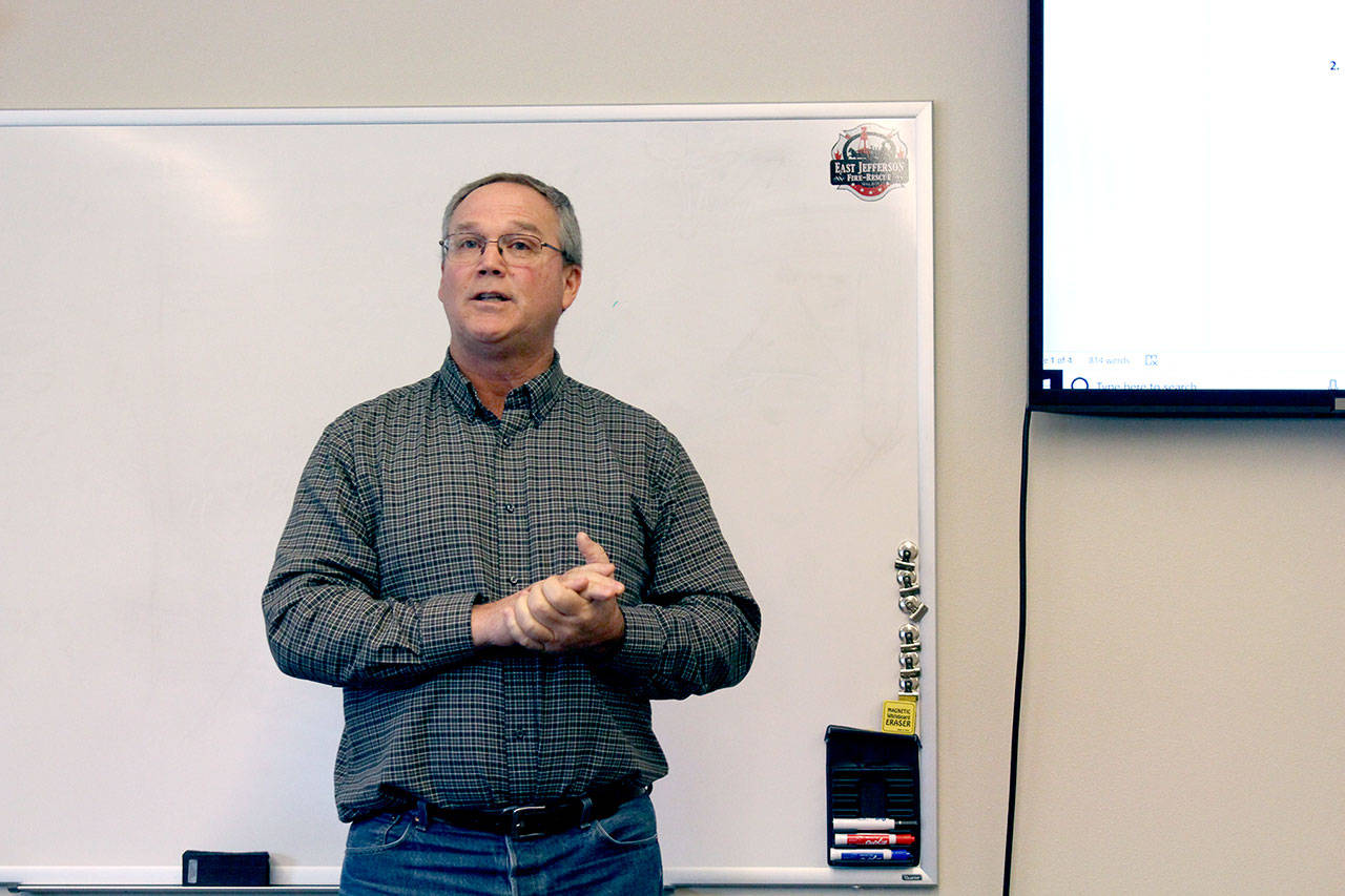 Jefferson Public Utility District General Manager Kevin Streett speaks at a special meeting held at the Chimacum Fire Station regarding the PUDs proposed opt-out program. (Zach Jablonski/Peninsula Daily News)