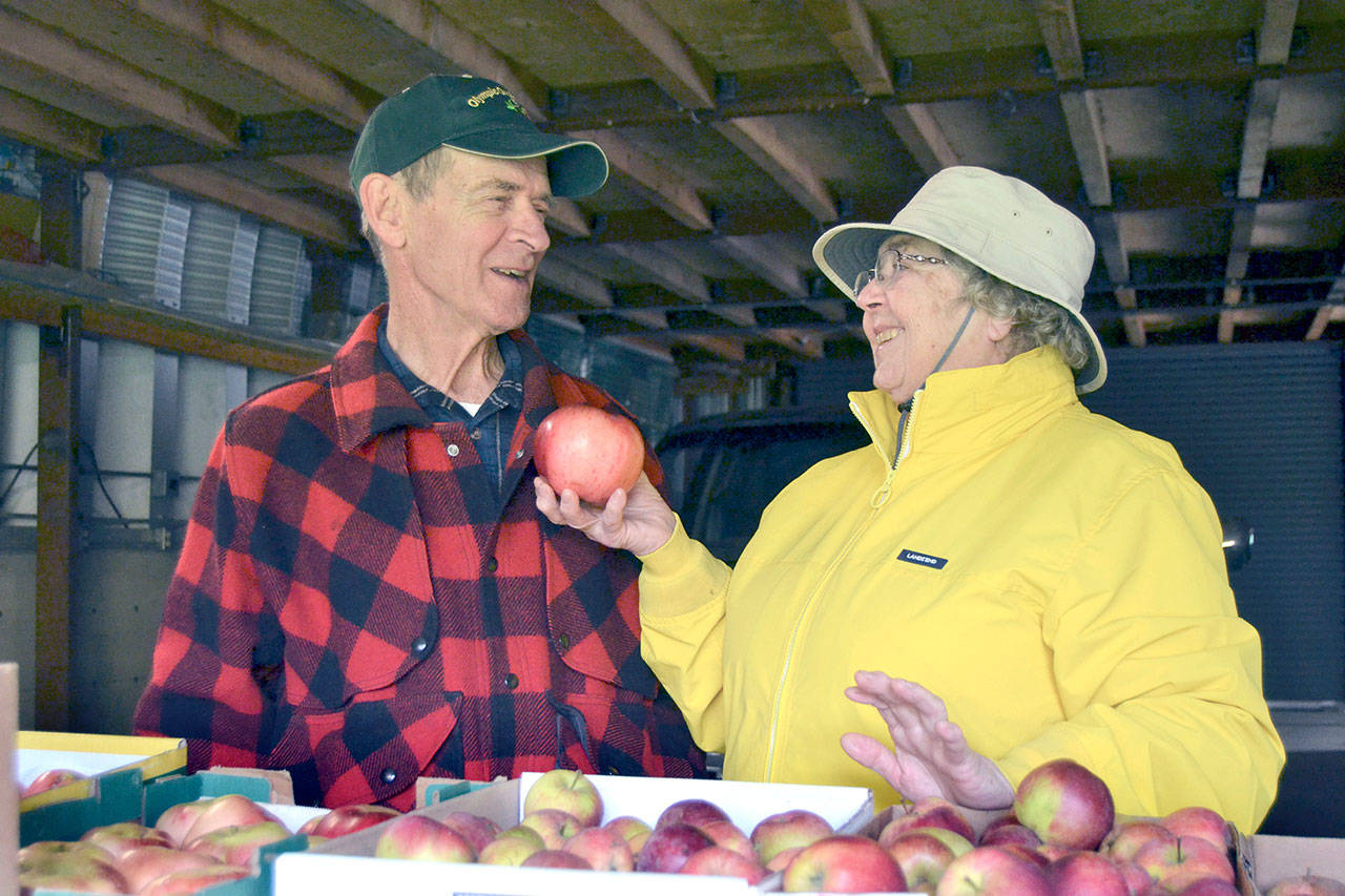 Alan and Leilani Kingsbury say they’ve grown fruit together for more than 35 years. They moved to Sequim more than 10 years ago and attribute some of their orchard’s success to the Olympic Orchard Society’s support. The group hosts its show Nov. 2 in Trinity United Methodist Church. (Matthew Nash/Olympic Peninsula News Group)
