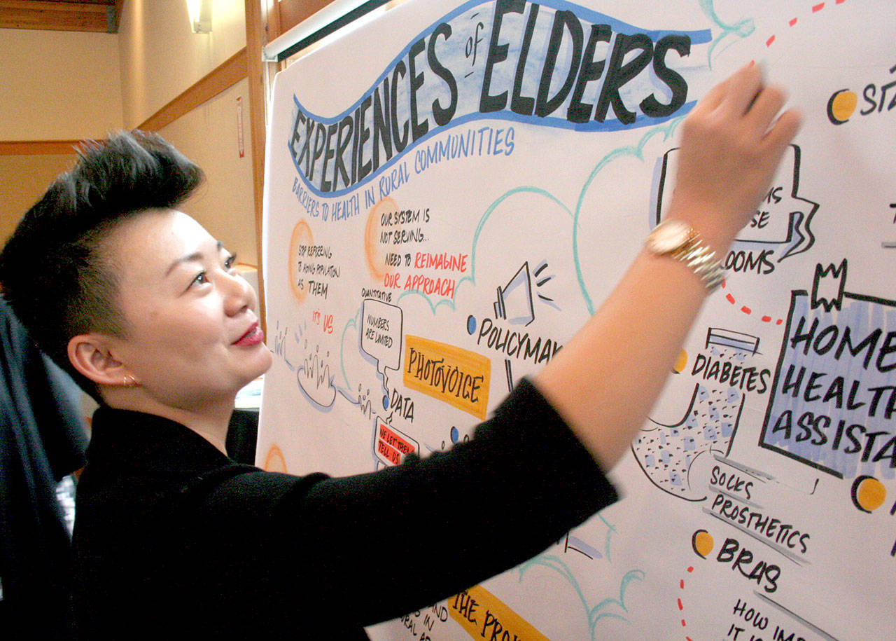 Rio Holaday of San Francisco finalizes one of her graphic recordings as her form of note-taking during Monday’s regional convening, titled “The Health of Older Adults: Mind, Body and Soul.” The event, one of three to host a regional conference on the health of older adults in rural communities, was hosted by Jefferson Healthcare at the Northwest Maritime Center in Port Townsend. (Brian McLean/Peninsula Daily News)