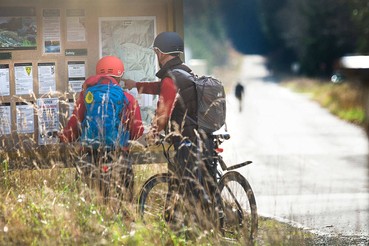 Cyclists look over an information board before riding into the Elwha Valley on Olympic Hot Springs Road on Sunday. (Jesse Major/Peninsula Daily News)