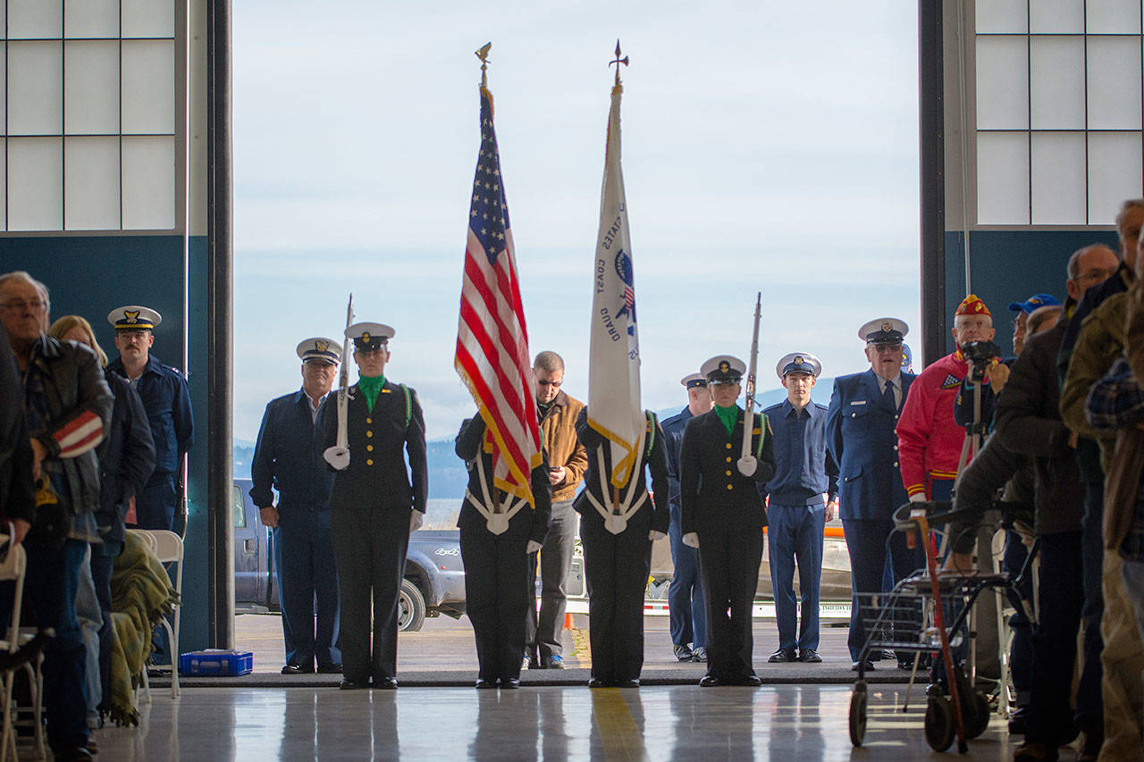 The Port Angeles High Schol Naval Junior Reserve Officers’ Training Corps Color Guard during the presentation of the colors at the Veterans Day ceremony at U.S. Coast Guard Air Station/Sector Field Office in 2018. (Jesse Major/Peninsula Daily News)