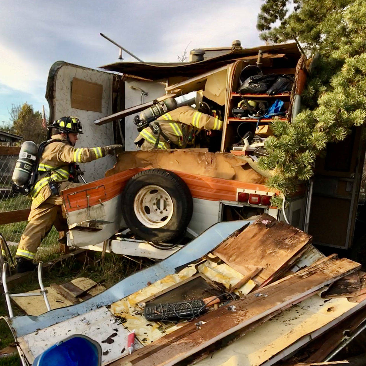 A Port Townsend man suffered burns to his hands when a propane explosion blew off the back wall of his RV. (East Jefferson Fire-Rescue)