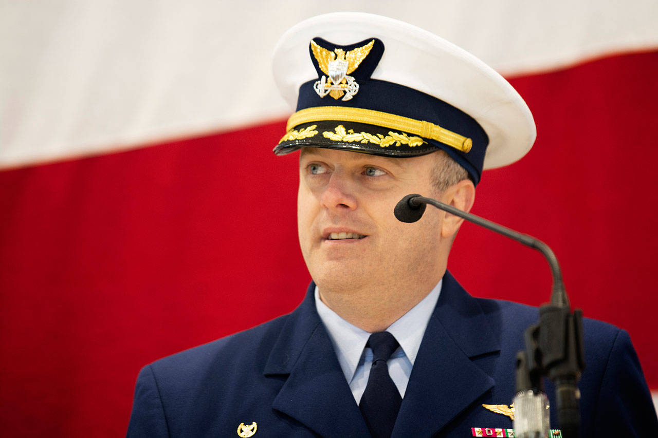 Cmdr. M. Scott Jackson, commanding officer of Coast Guard Air Station/Sector Field Office Port Angeles, delivers his remarks during the Veterans Day ceremony Monday. (Jesse Major/Peninsula Daily News)