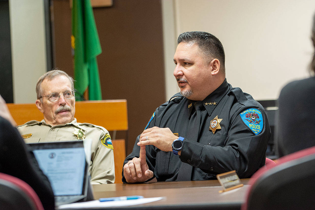 Lower Elwha Klallam Tribal Chief of Police Sam White discusses a cross-deputization agreement during a meeting of the Clallam County commissioners Tuesday. (Jesse Major/Peninsula Daily News)