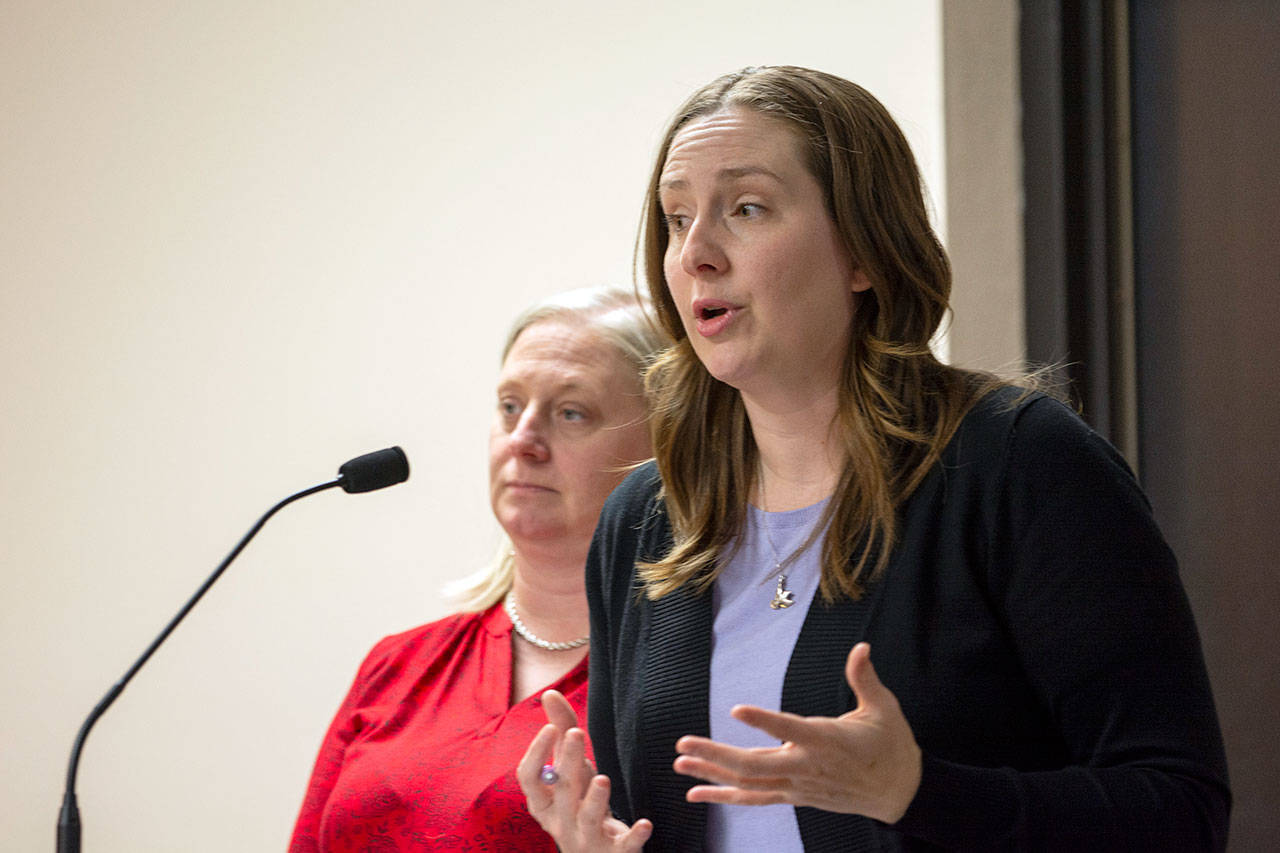 Stephanie Lewis, regional administratorfor the Salish Behavioral Health Organization, addresses state lawmakers during a Clallam County Board of Health meeting. (Jesse Major/Peninsula Daily News)