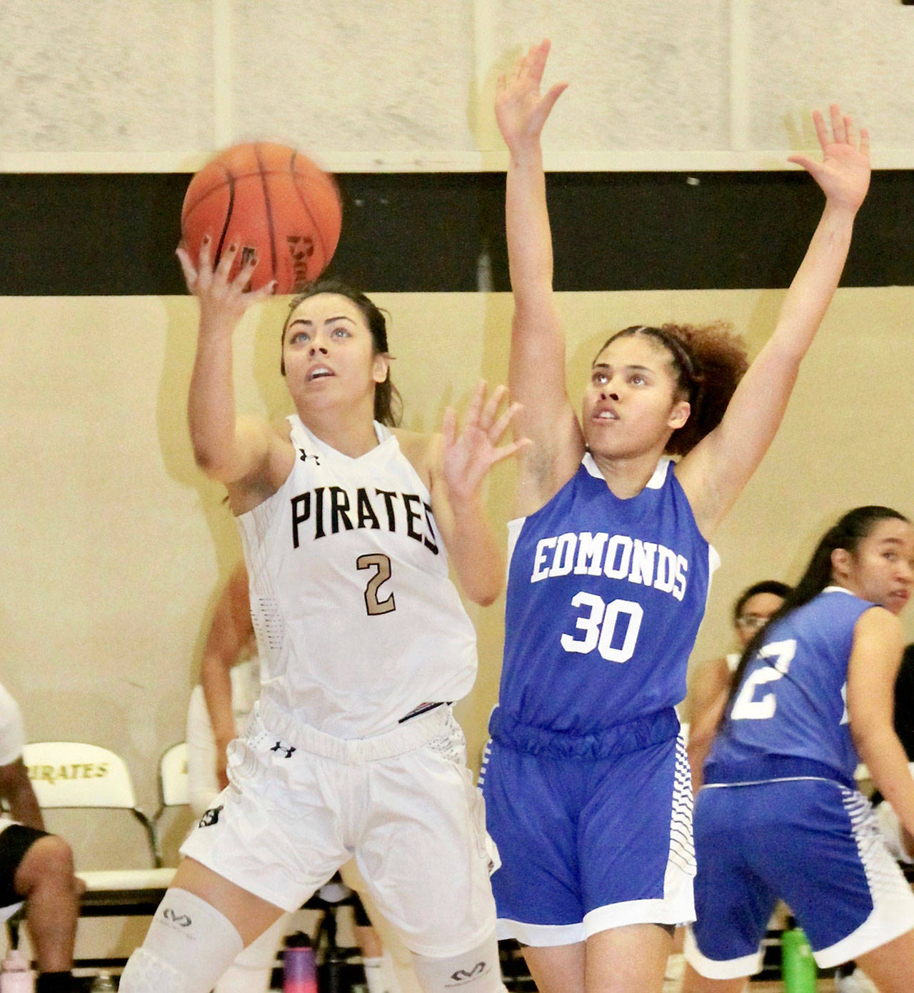 Peninsula’s Leilani Padilla (2), was the Pirates’ leading scorer last year. She has already scored 24 points in a game this year and looks to help lead the Pirates to a back-to-back North Division championship. (Dave Logan/for Peninsula Daily News)