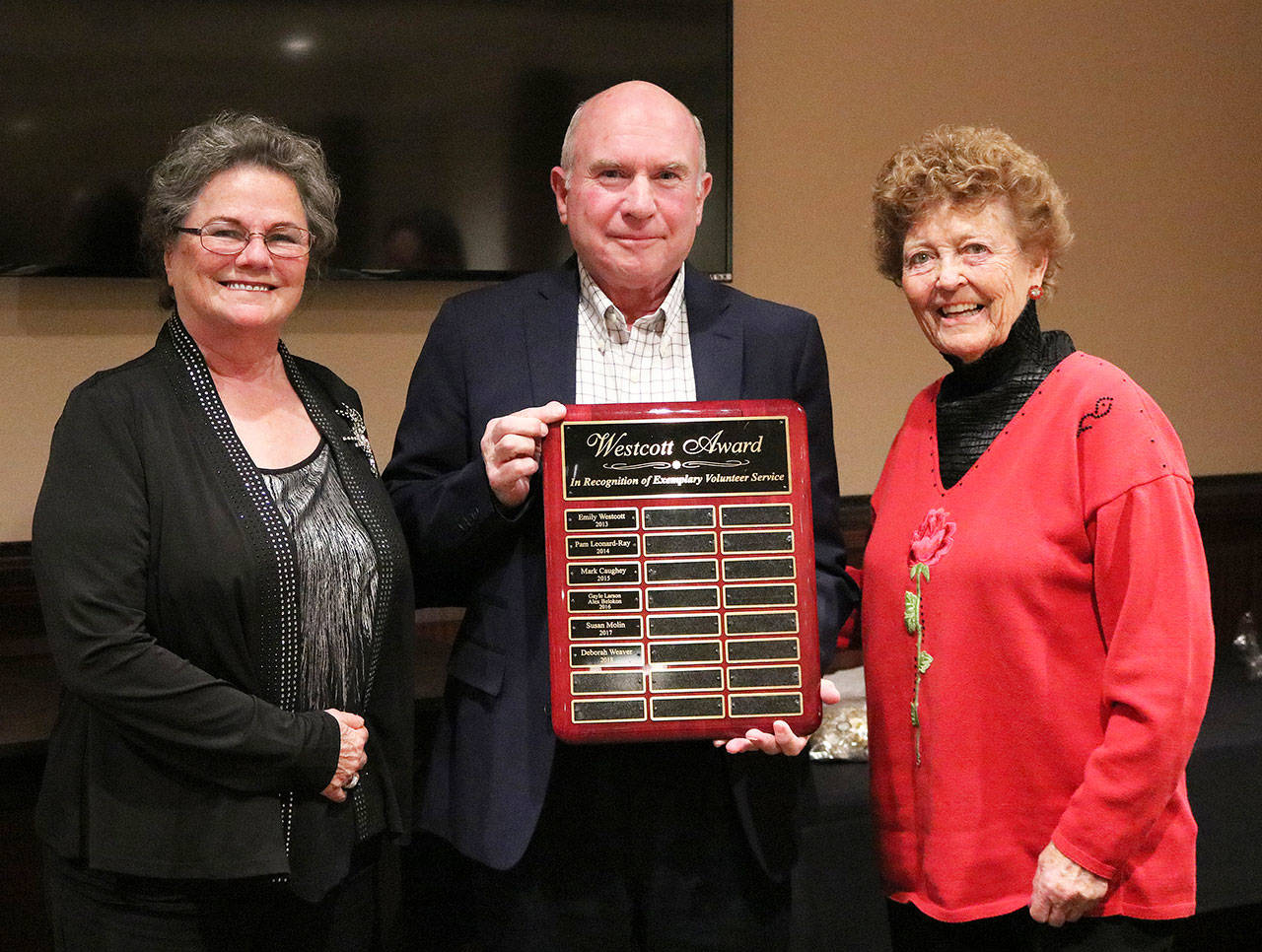 From left, 2018 Westcott Award Recipient Deborah Weaver, Sequim Mayor Dennis Smith and Emily Westcott. (City of Sequim)