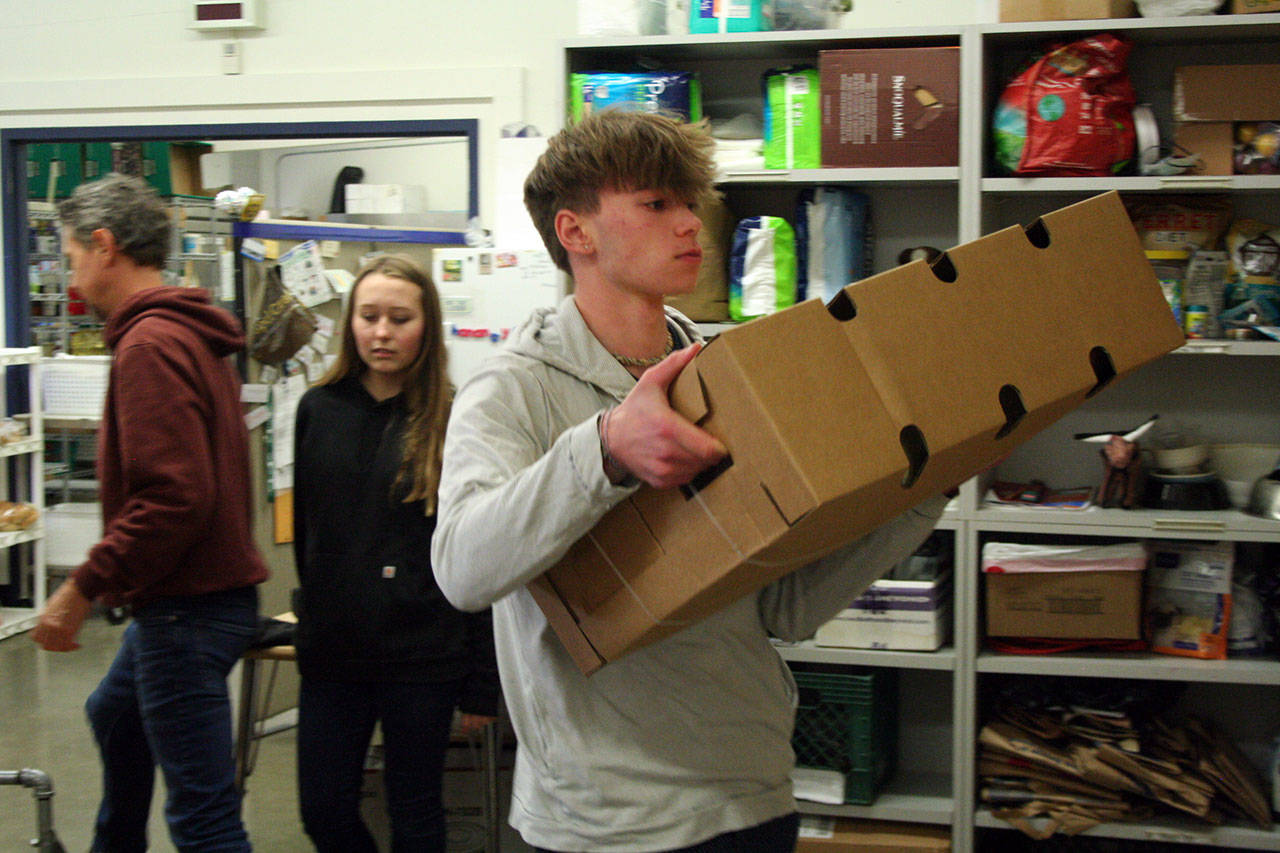Zach Maynard reaches to stack a box of turkeys while volunteers Ben Falge, left, and Charlotte Falge return to a pallet Monday. (Brian McLean/Peninsula Daily News)
