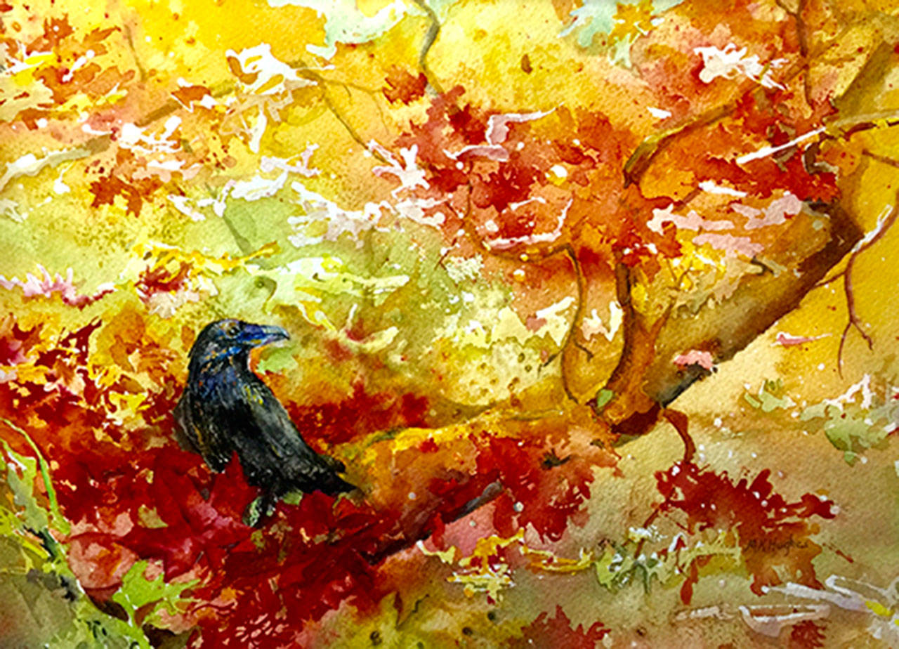 “Raven’s Gold” by Mary Hughes of the North Olympic Watercolorists will be on view at Harbor Audiology and Hearing Center during the First Friday Art Walk Sequim.