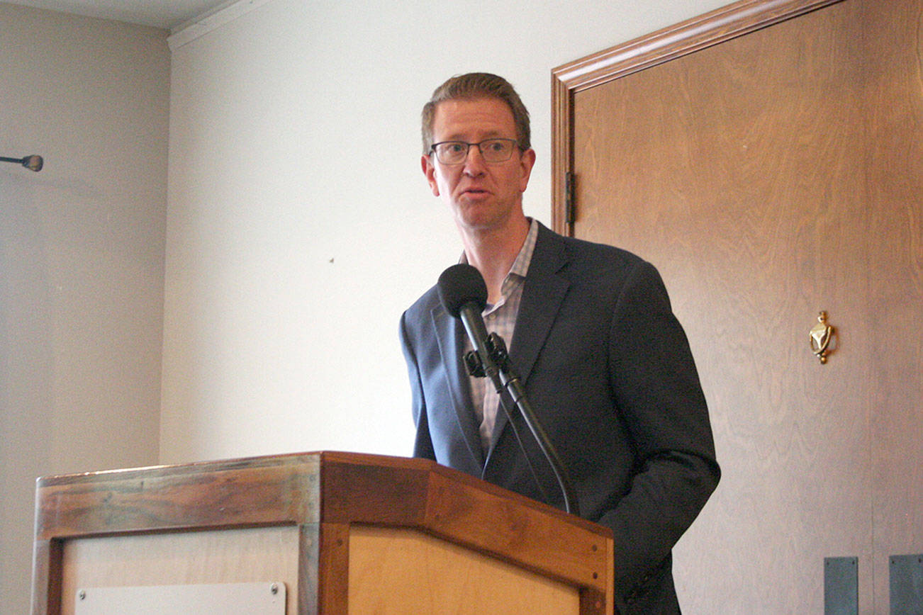 <strong>Brian McLean</strong>/Peninsula Daily News                                U.S. Rep. Derek Kilmer, D-Gig Harbor, speaks to about 75 people Monday at the Port Townsend Elks Club during the semi-monthly luncheon hosted by the Chamber of Jefferson County.