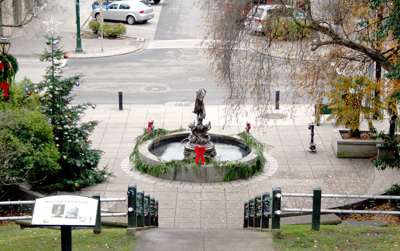 The annual lighting of the holiday tree will be held at 4:30 p.m. Saturday at the Haller Fountain near the intersection of Washington and Taylor streets in downtown Port Townsend. (Brian McLean/Peninsula Daily News)