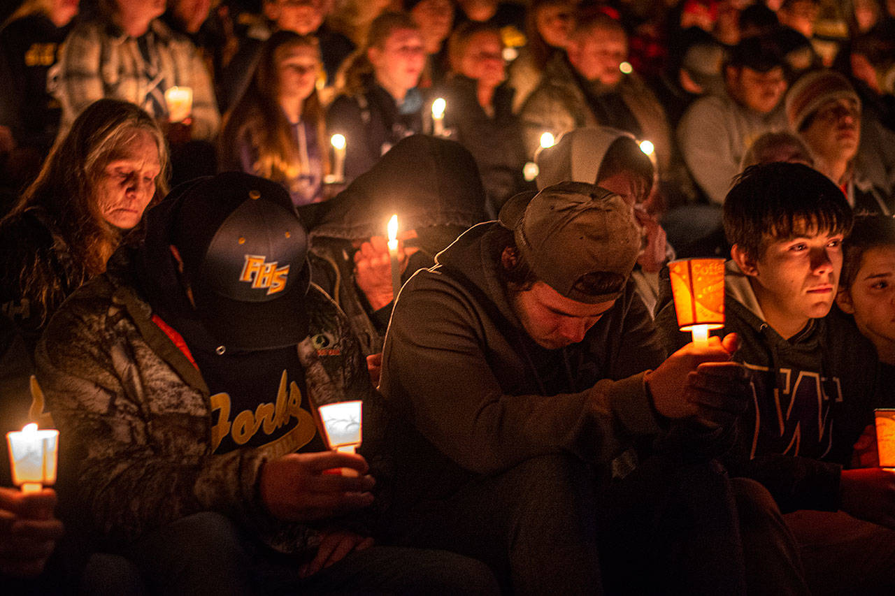 Hundreds gathered at Spartan Stadium in Forks to mourn Tristen Pisani on Thursday. (Jesse Major/Peninsula Daily News)