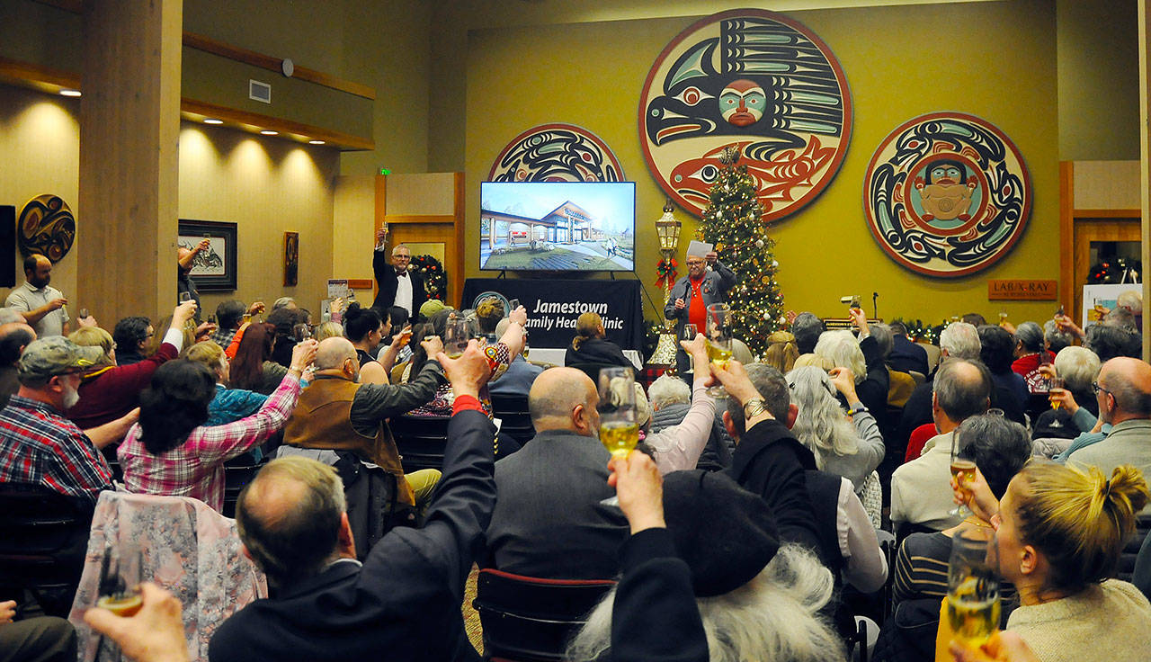 Jamestown S’Klallam Tribe leaders and advocates of the tribe’s proposed medicine-assisted treatment facility have a non-alcoholic toast at a reveal of the clinic design. Michael Dashiell/Olympic Peninsula News Group