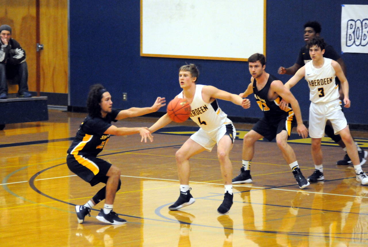 Ryan Sparks/Grays Harbor News Group Forks Tony Hernandez-Flores passes the ball during Fridays game against Aberdeen at Aberdeen High School.